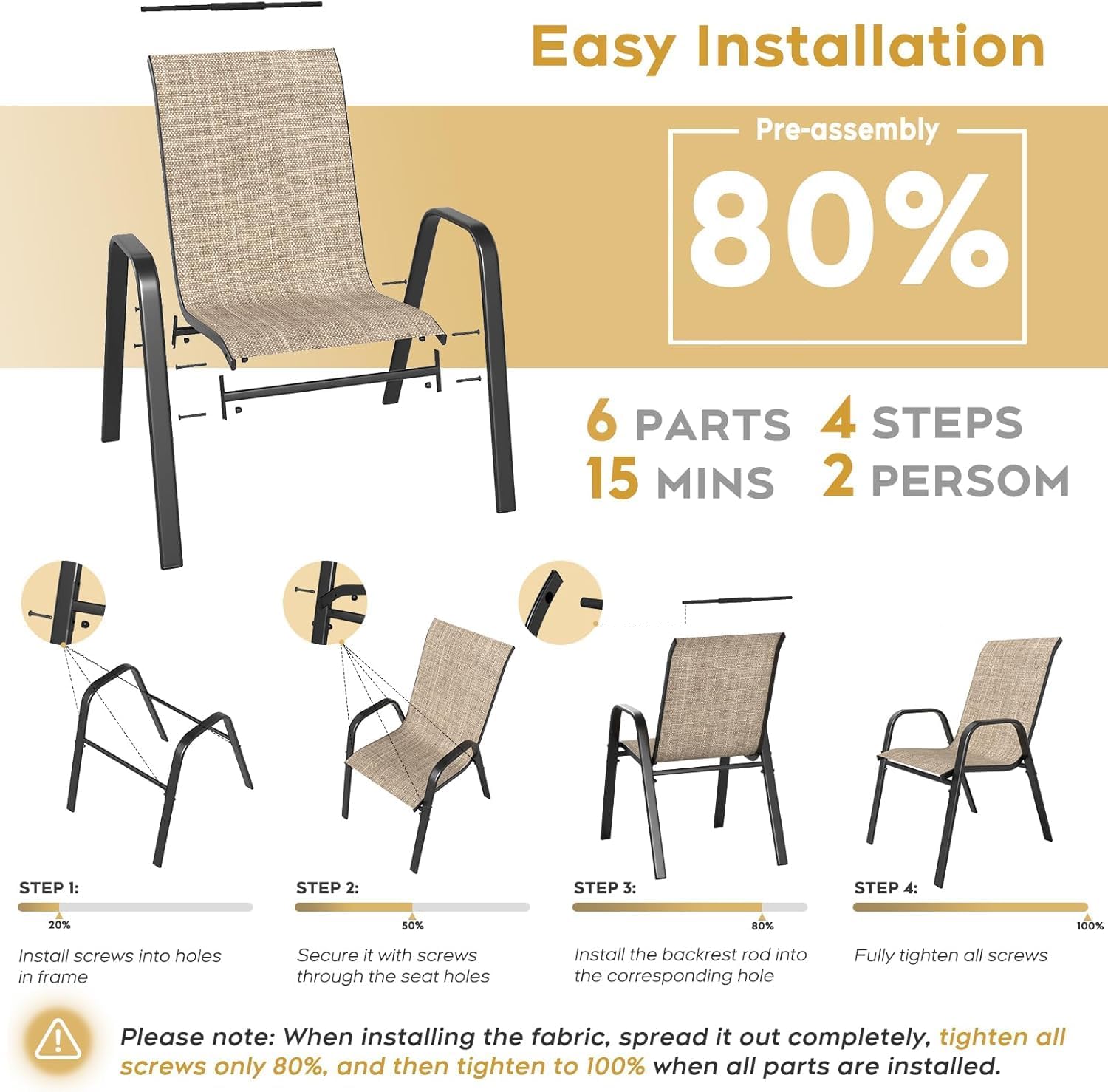Patio Dining Chairs Set of 4 Outdoor Stackable Dining Chairs for All Weather 350lbs Capacity Heavy Duty Textilene Fabric Rustproof Metal Frame Patio Furniture for Backyard Garden Poolside (Brown)