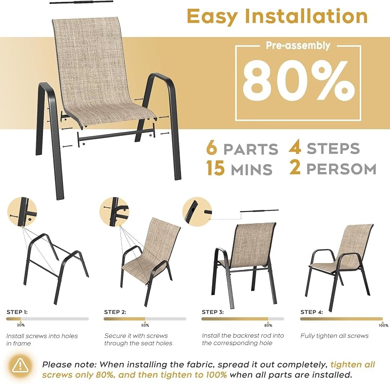 Patio Dining Chairs Set of 4 Outdoor Stackable Dining Chairs for All Weather 350lbs Capacity Heavy Duty Textilene Fabric Rustproof Metal Frame Patio Furniture for Backyard Garden Poolside (Brown) image 5