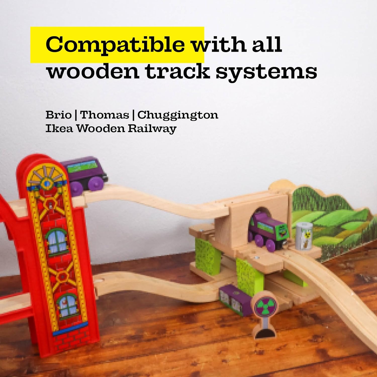 3 Level Wooden Bridge and Train Tunnel - Zany Trains - Toxic Turnpike - Viaduct Arch Bridge - Wooden Train Tracks Compatible with All Major Brands - Train Set Accessories Table