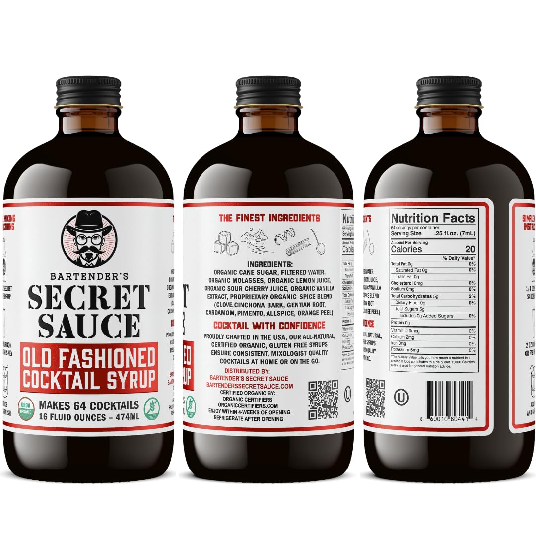 Bartender’s Secret Sauce Old Fashioned Mix – USDA Organic Old Fashioned Syrup with Bitters, Orange Peel & Tart Cherry – Makes 64 Cocktails, Just Add Bourbon or Rye – 16 oz