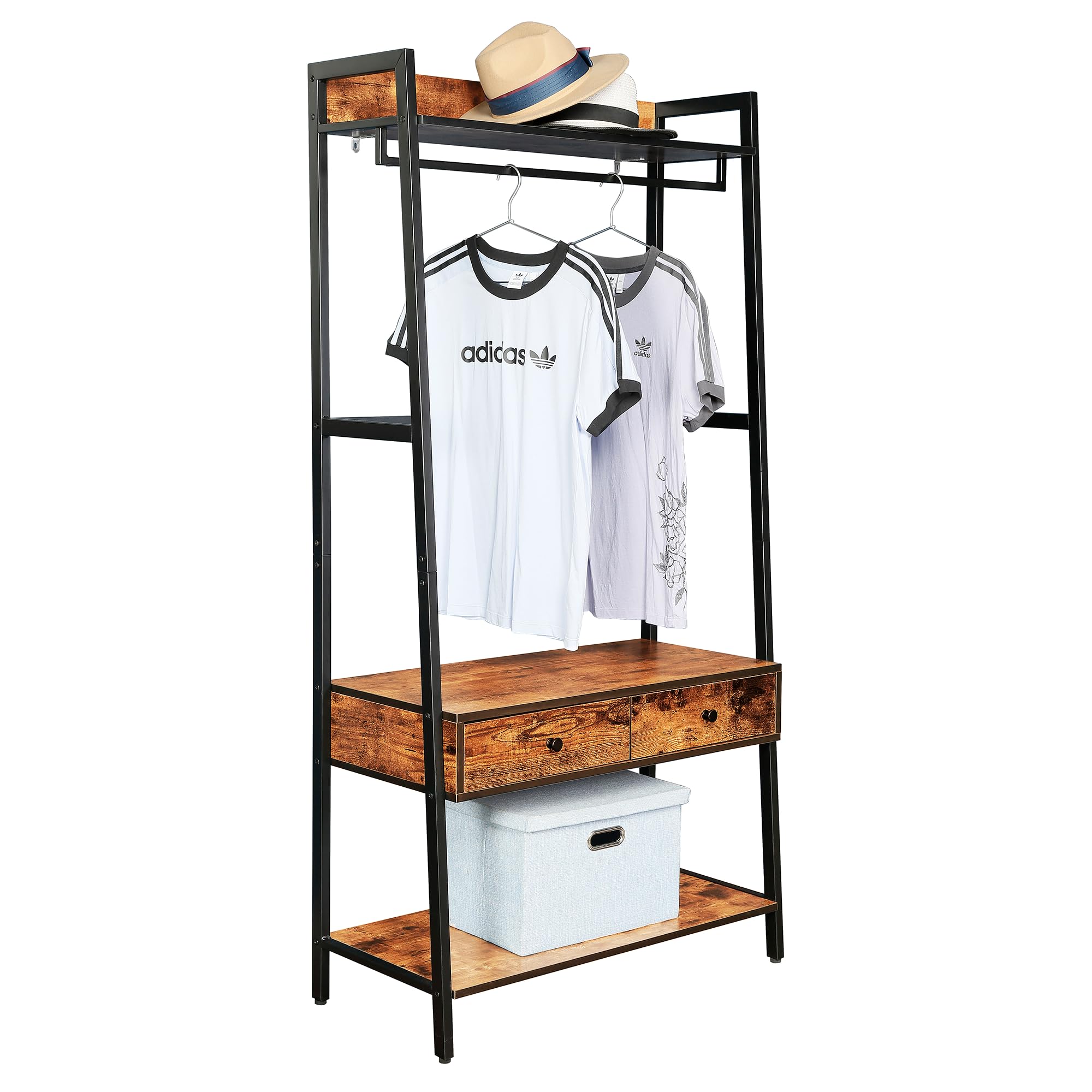 JJS 33" Entryway Coat Rack, Industrial Rustic Hall Tree Shoe Bench with Storage Drawers and Shelf for Hallway, Wood Look Accent Furniture with Metal Frame, Rustic Brown