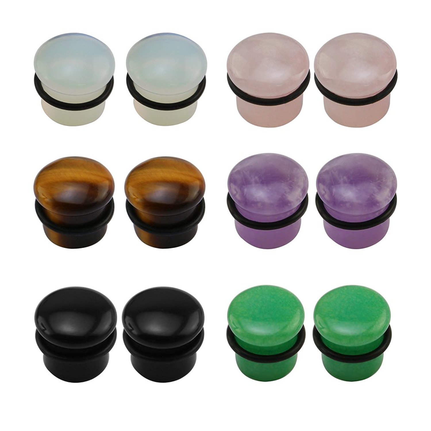 6 paia miste orecchio Flare singola pietra Plugs Expander tunnel Calibri Silicone O-Ring