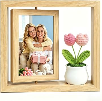 4x6 Rotating Picture Frame Desktop with Crochet Pink Tulip, 4x6 Double-Sided Display Vertical Photo- 2026 Graduation Gift for Girls Her Teacher Tulip Flower Gifts for Mom Women Office Desk Cute Decor