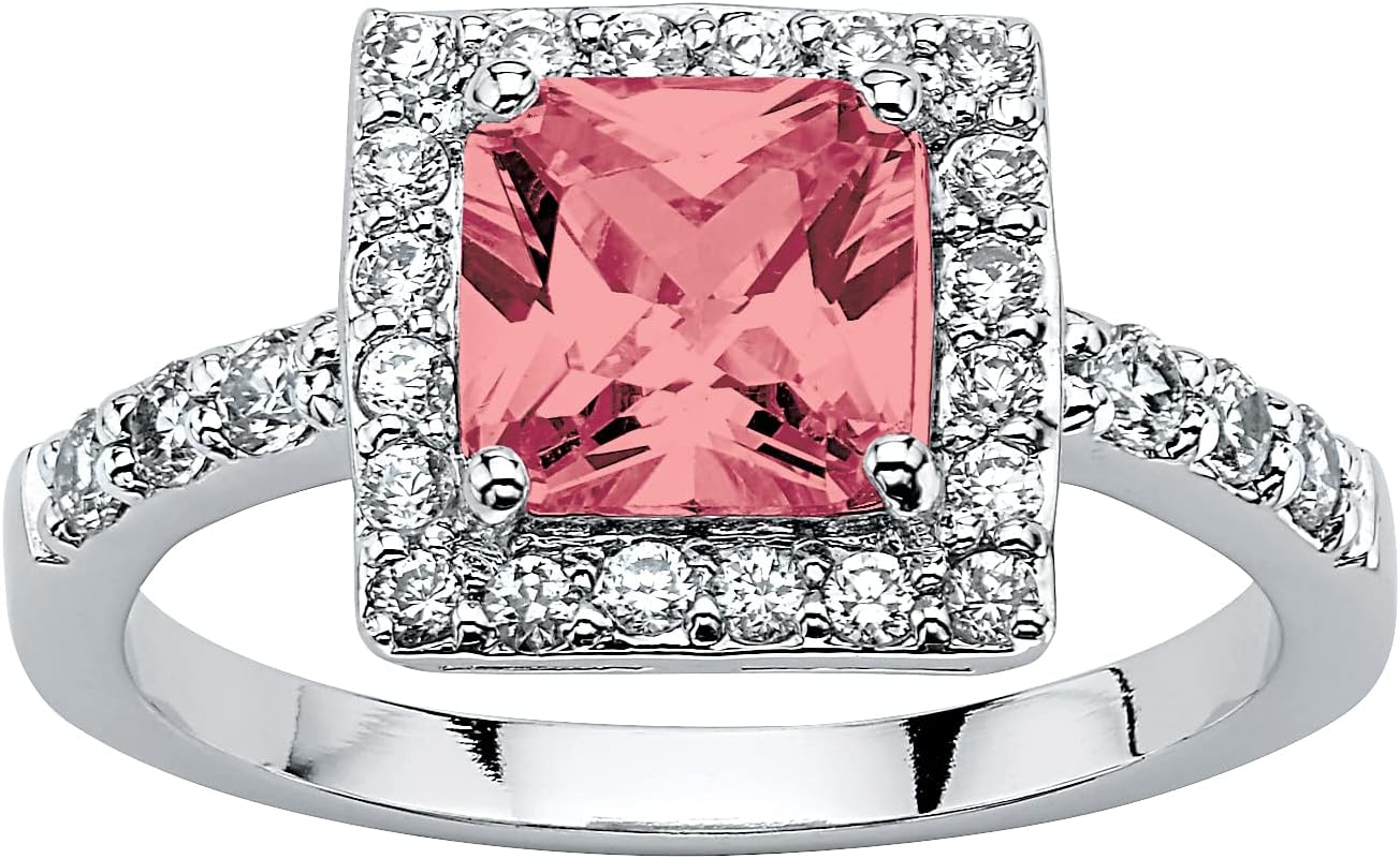 PalmBeach Sterling Silver Princess Cut Simulated Birthstone and Round Crystals Halo Ring Sizes 5-10
