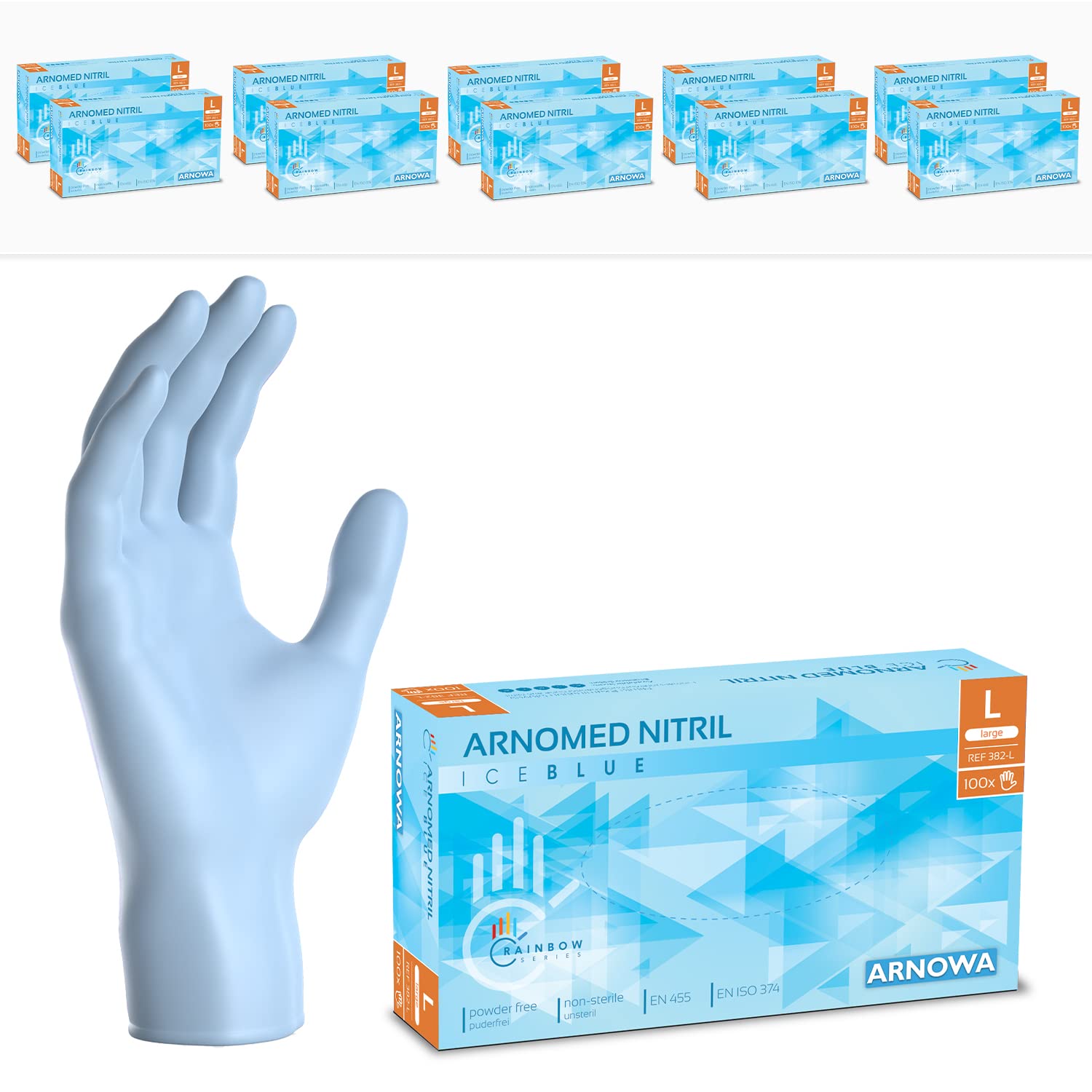 1000x ARNOMED® Guantes nitrilo talla L Azul Claro, Guantes desechables quirurgicos y laboratorio, Luvas nitrilo descartaveis sin polvo y látex, Manoplas nitrilo en XS, S, M, L, XL, XXL