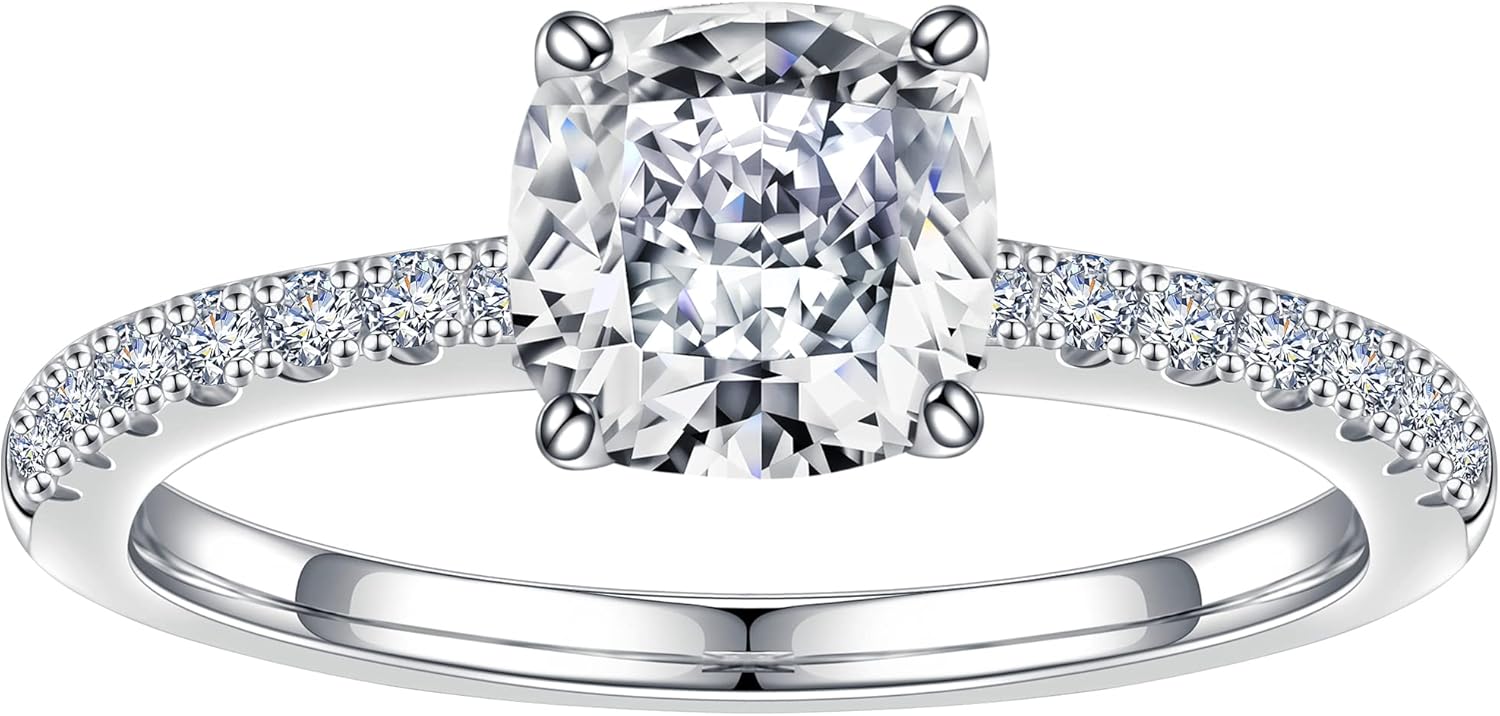 SMILEST 1.5ct Cushion Moissanite Rings for Women, Lab Created Ring 925 Sterling Silver Moissanite Engagement Rings for Women Wife with Side Stone