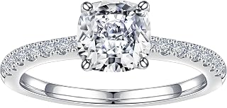1.5ct Cushion Moissanite Rings for Women, D Color VVS1 Clarity Lab Created Diamond Rings 18K White Gold Plated S925 Sterling Silver Moissanite Engagement Rings for Women Wife with Side Stone