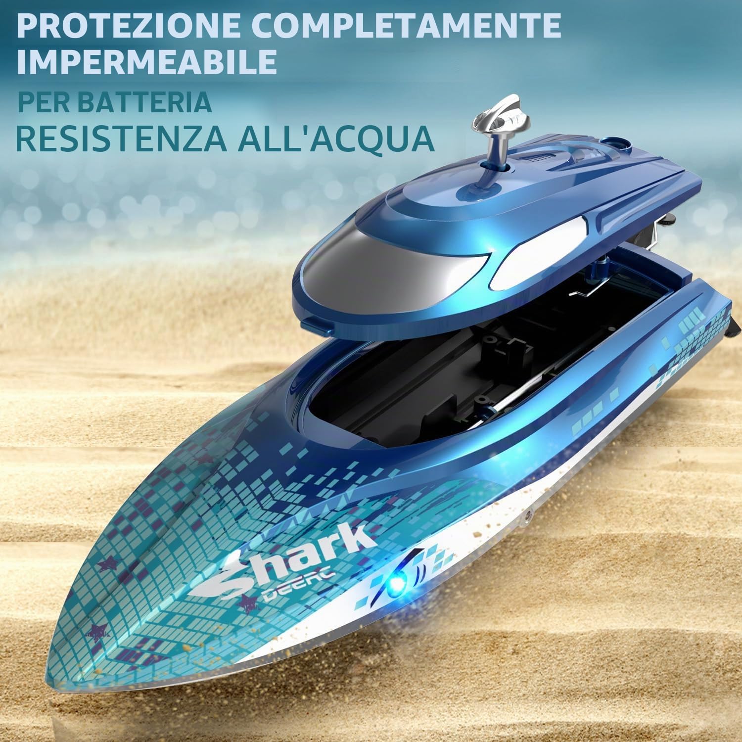 DEERC Barca RC con luce LED, barca a squalo telecomandata per piscine e laghi, barca radiocomandata da 20 km/h, barca da corsa da 2,4 GHz