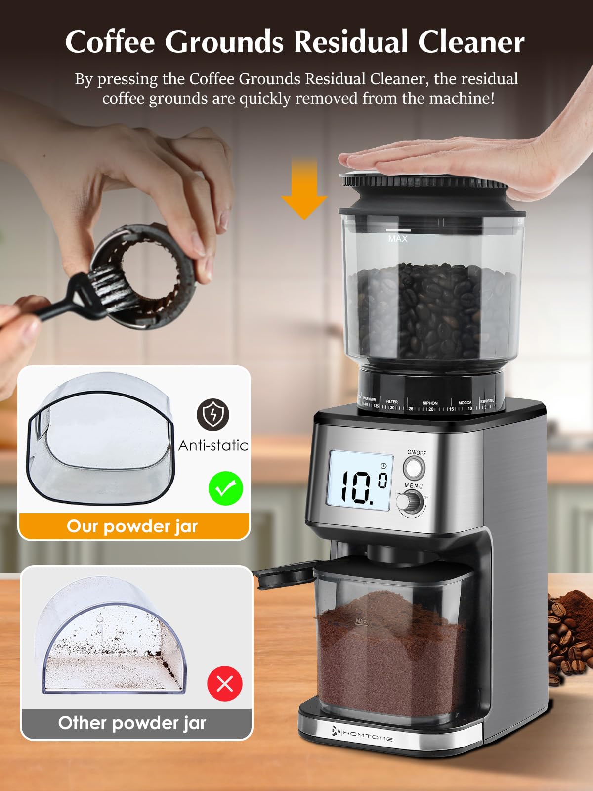 Homtone Moulin à Café Électrique à Meule Conique - Broyeur à café avec 51 Réglages de Mouture, Support Amovible, Récipient Inclus – Pour Espresso, Café Filtre, Infusion à Froid (Argent)