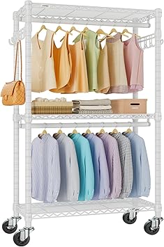 VIPEK R2 Medium Heavy Duty Clothes Rack Rolling Clothing Rack Adjustable Metal Wire Shelving Portable Closets with Double Hanging Rods, Side Hooks, Freestanding Closet Racks Wardrobe, White