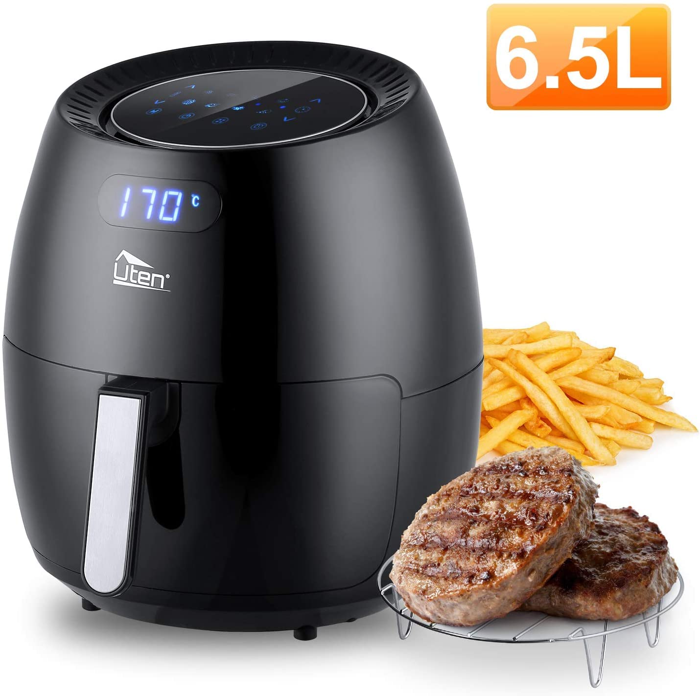 Uten Friggitrice ad Aria 6,5 Litri, Due Tipi di griglie, 1700W, Friggitrice Senza Olio con 8 Programmi, Air Fryer XXL, LED Touch Screen, 32 Ricette PDF, Senza PFOA&BPA