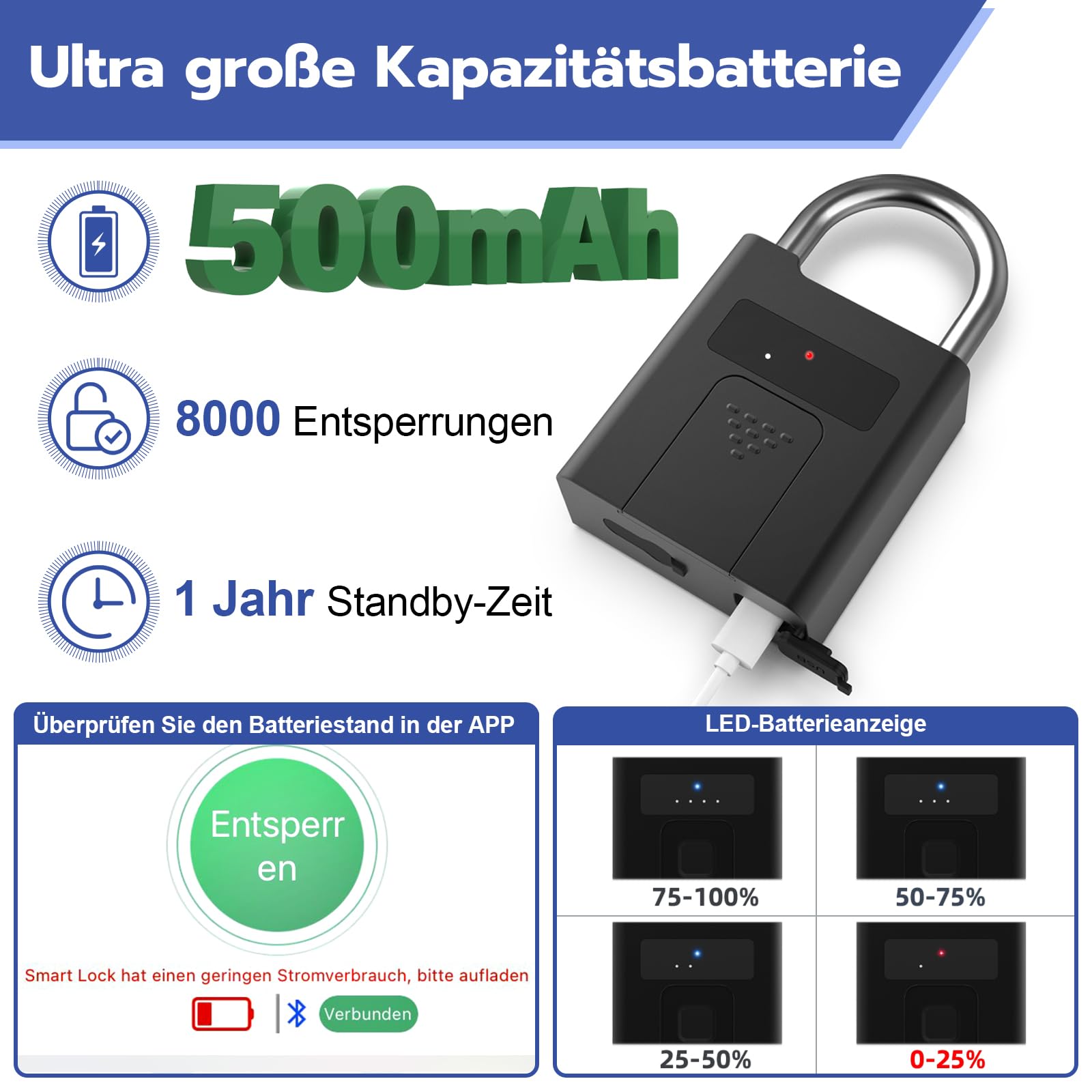 Anweller Lucchetto Intelligente Con Impronta Digitale E Bluetooth - Verde Avocado, Batteria Ricaricabile USB, 15 Impronte - 2