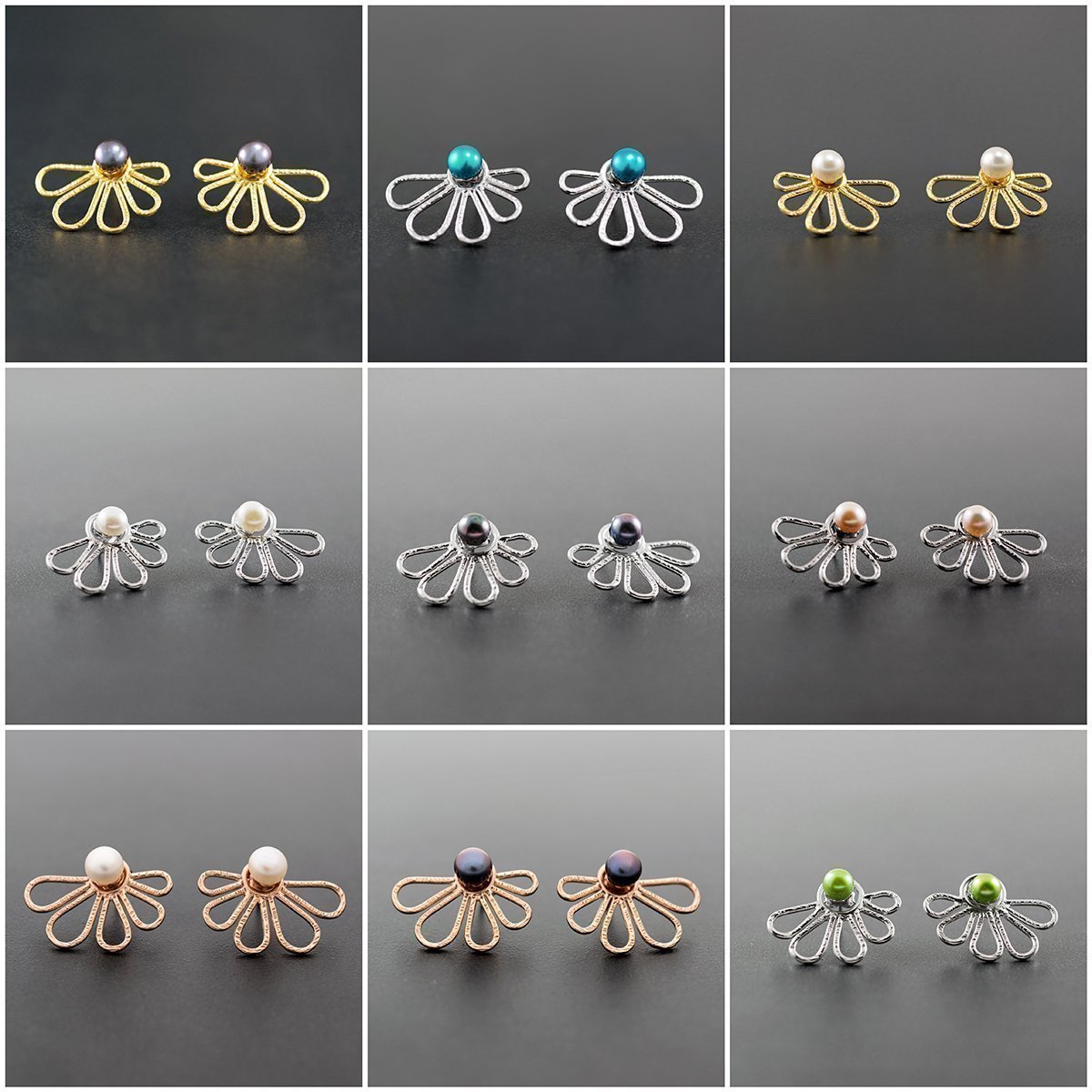 Kolczyki Ear-Jacket kwiaty ze srebra próby 925 z czarnymi perłami – wygląd 2 w 1 przód-tył – niklowane i hipoalergiczne – handmade by Emmanuela