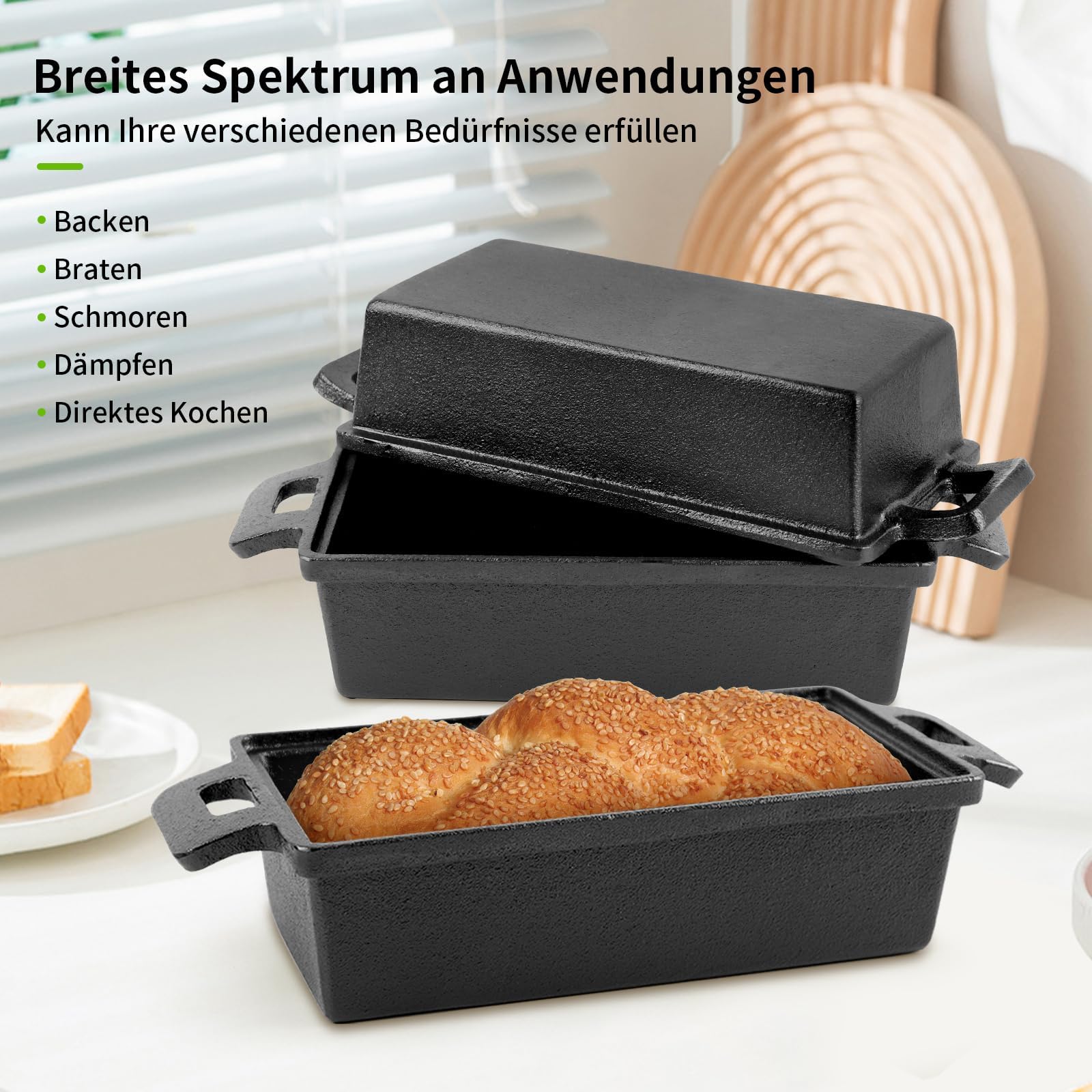 Teglia per pane in ghisa con coperchio, pentola in ghisa, per cuocere il pane, per toast, per forno, fornello, induzione, 25 cm