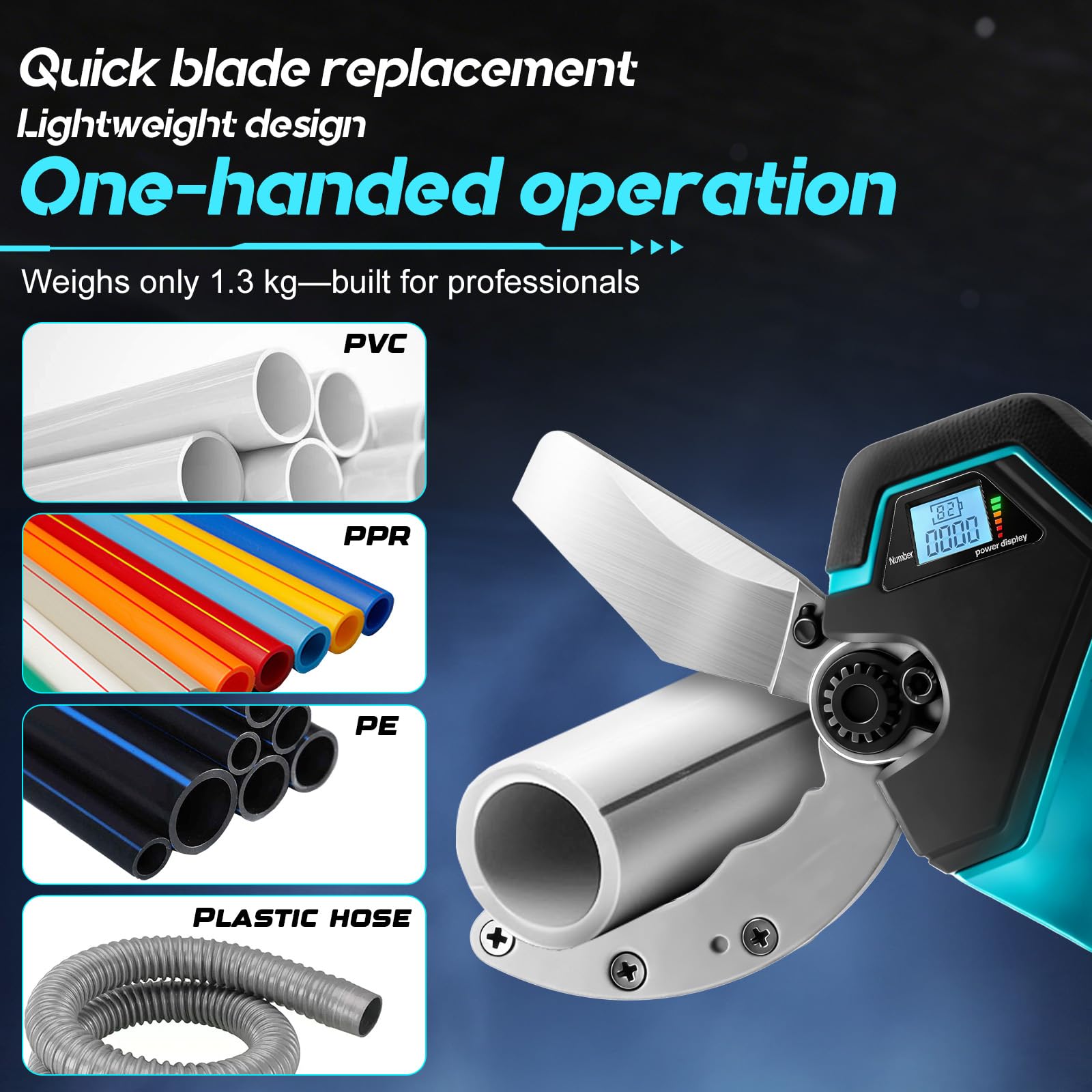 Cortatubos Eléctrico Inalámbrico Compatible con Makita 18V, Tijera Eléctrica de Litio con Motor Brushless para PVC, PPR, PE, PEX y Tubos de Plástico, Capacidad 50 mm (Sin Batería)