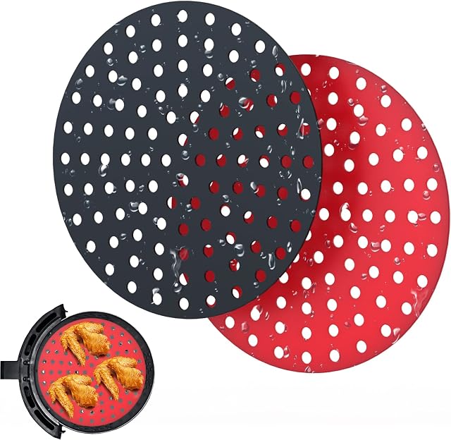 9 inch Round Reusable Air Fryer Liners, 2Pack Non-Stick Silicone Air Fryer Mats, Resistant Heat Easy to Clean Steamer Liners for Kitchen Baking