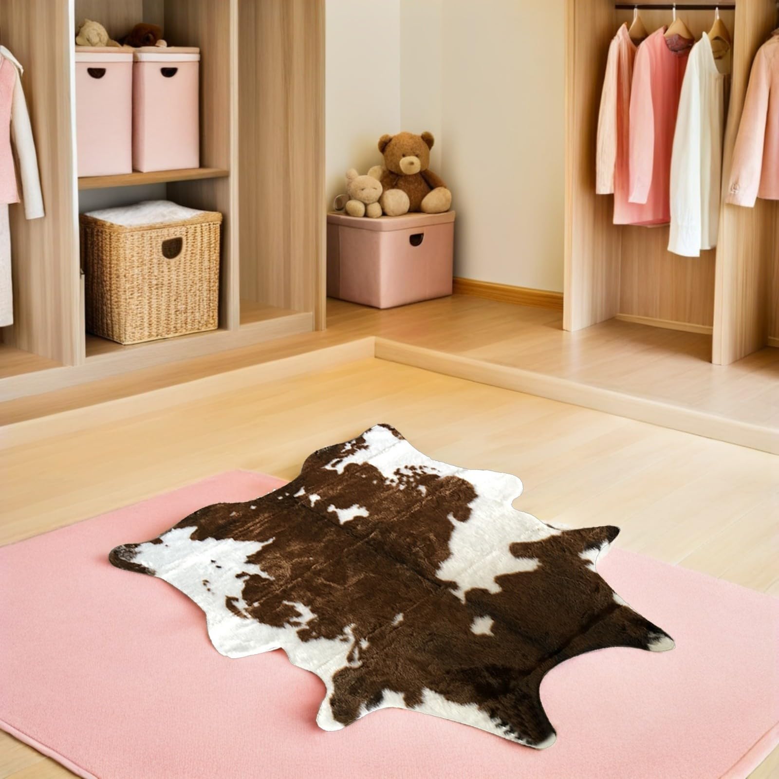 Tappeto Coperta da Pavimento in Pelle Sintetica Marrone Morbido Stampa Mucca Lavabile per Soggiorno e Cameretta