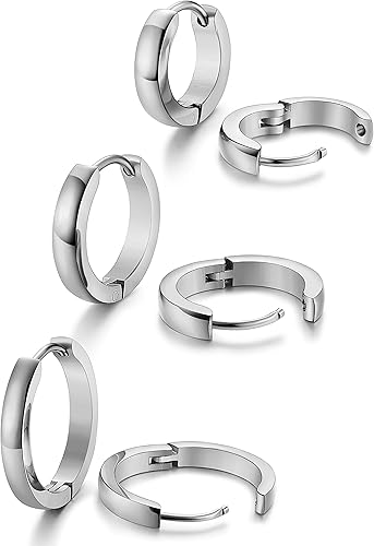 Jstyle 3Pairs Stainless Steel Mens Womens Hoop Earrings Huggie Ear Piercings Hypoallergenic 121620mm