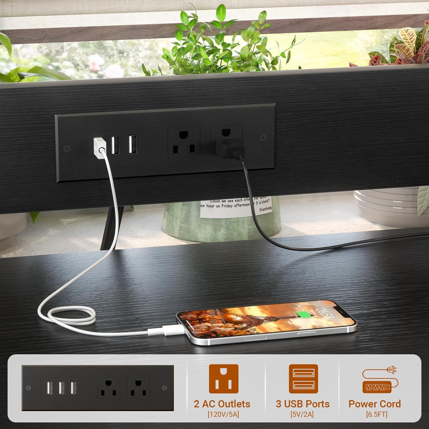 Close-up of the integrated charging station on the Homieasy Printer Stand, showing 2 AC outlets and 3 USB ports in use with a smartphone charging.
