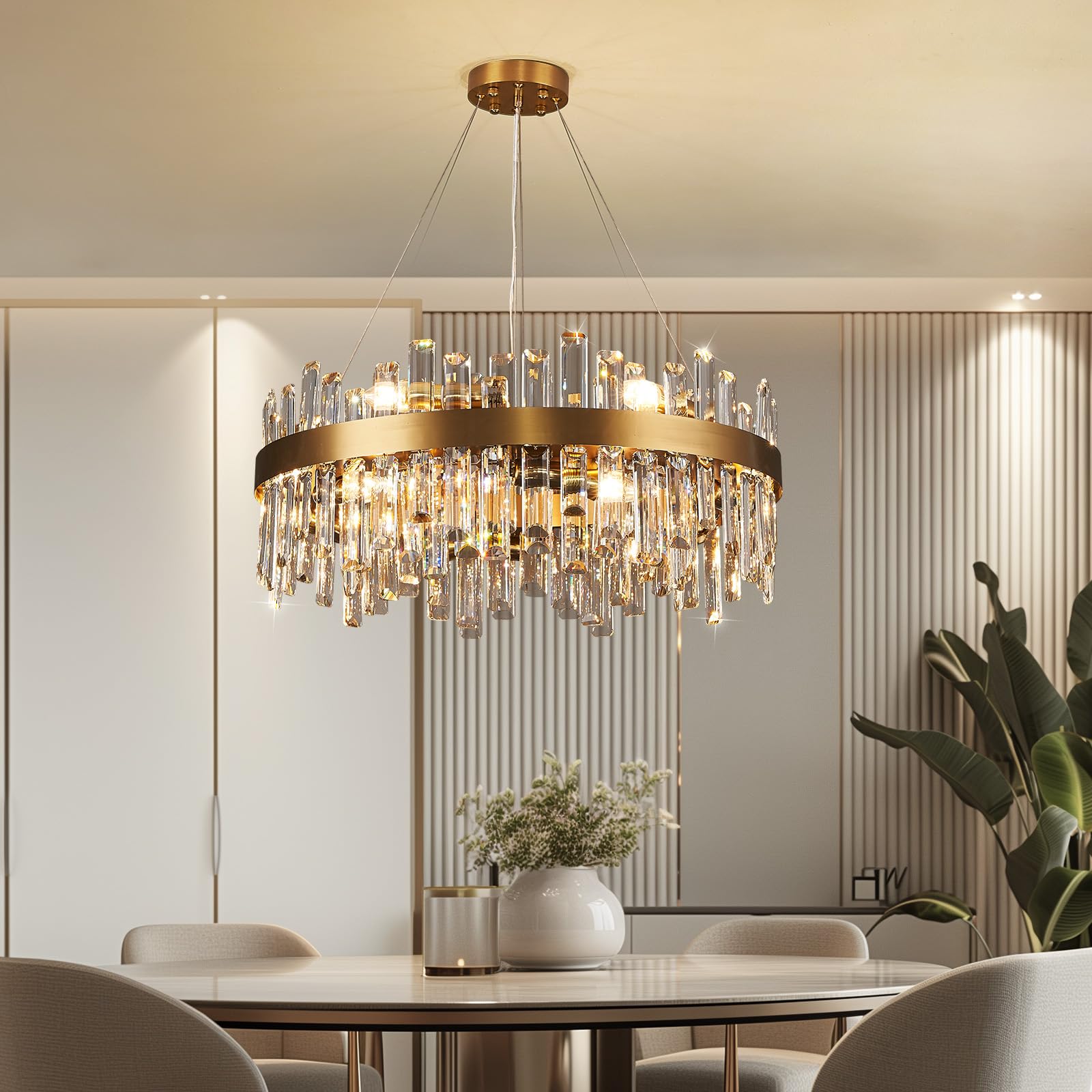 12-Lights Modern Crystal Chandelier, 23.6" Brass Gold Raindrop Chandelier, 2-Tiers Crystal Chandelier, Luxury Round Light Fixture for Dining Room, Living Room, Kitchen Island, Bedroom