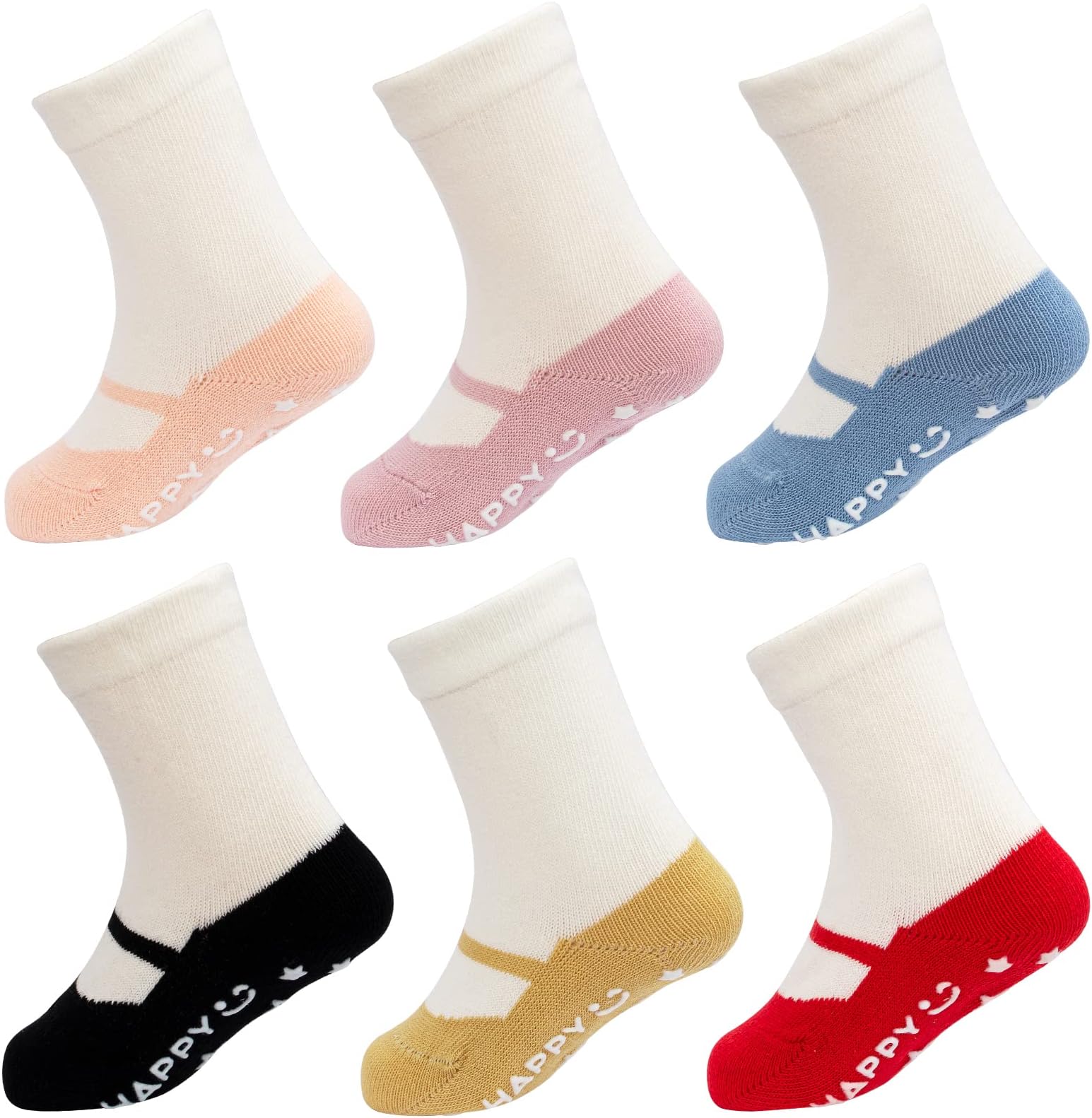 Pack of 6 Infant Toddler Cotton Non-Slip Socks with Grips Cute Ballet Style Baby Boys Girls Ankle Socks