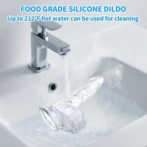 Miniatura 9 de Consolador de silicona transparente de confeti de 8.2 pulgadas con base de ventosa acampanada para jugar con manos libres, consolador flexible con