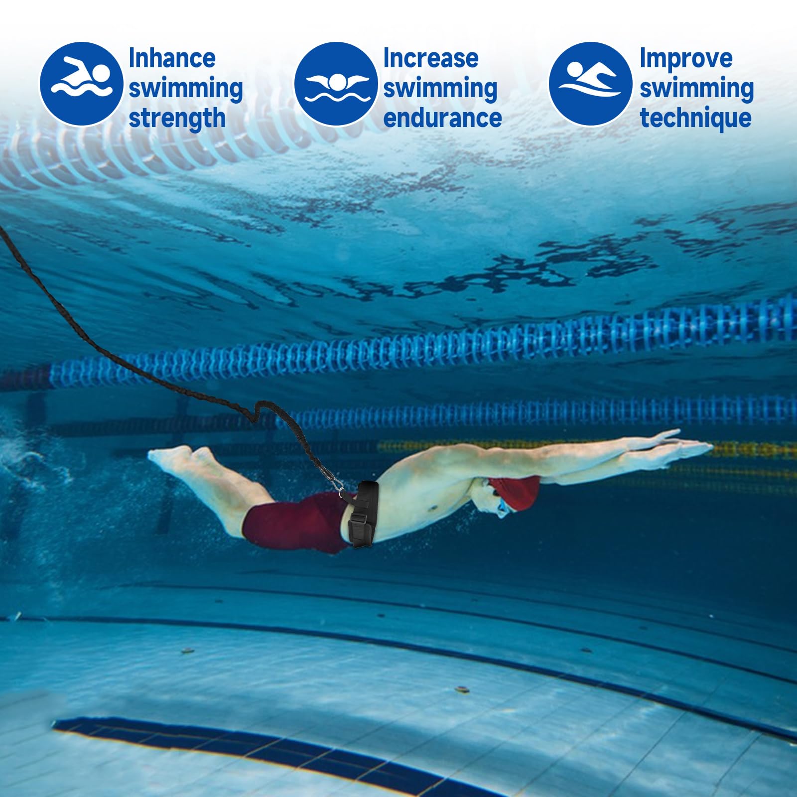 Ceinture d'entraînement de natation de 2,5 à 7,5 m, sangles élastiques de natation avec ceinture réglable et harnais stationnaire, aides à la natation pour adultes et enfants