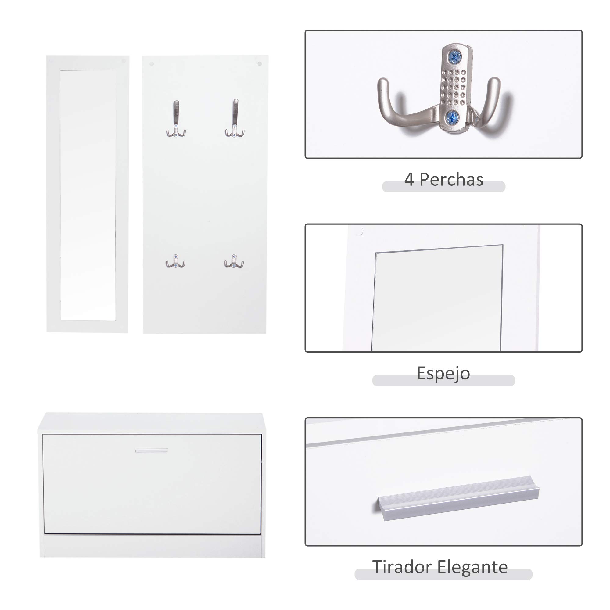 HOMCOM Conjunto de Muebles de Entrada Set de 3 Piezas 80x27x46,5cm Blanco | Recibidor Pasillo, Zapatero, Espejo, Perchero, con 4 Ganchos para Colgar Ropa, Recibidores de Entrada