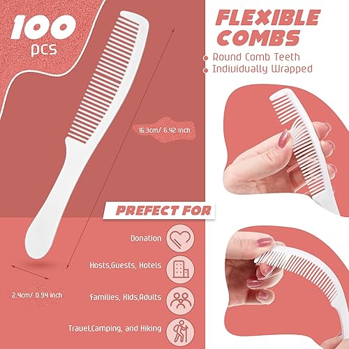 Miniatura 2 de Paquete de 100 peines desechables envueltos individualmente en peines de plástico a granel para viajes, hotel, refugio, personas sin hogar, hogar de