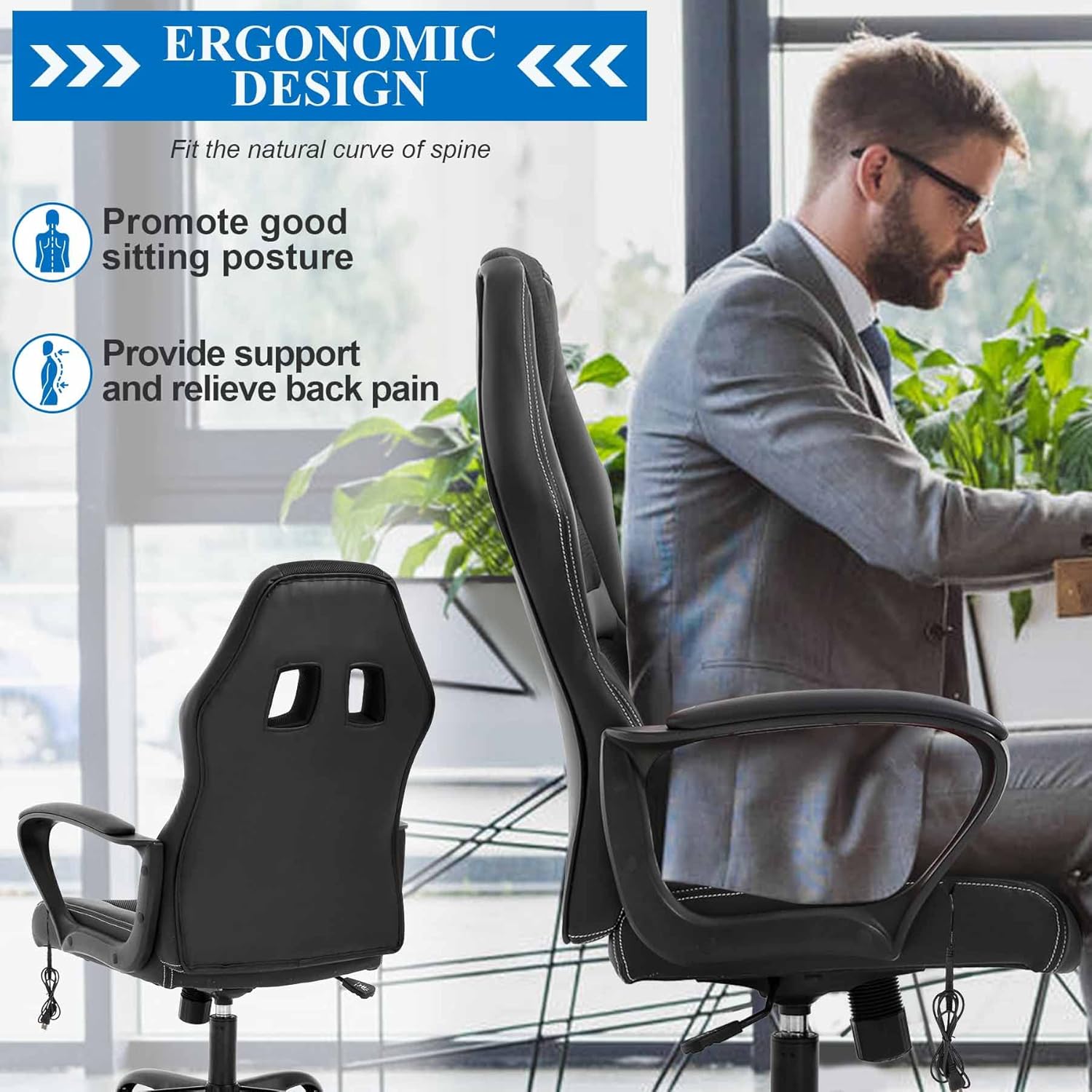 PC Office Chair Gaming Desk Chair, Ergonomic Heavy Duty Leather Racing Video Game Office Chair with Massage Function Lumbar Support for Home Office Computer Gaming Chairs Video Game Chairs - Black