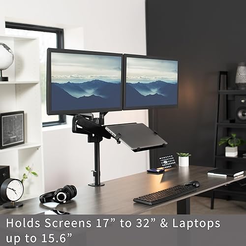 Miniatura 2 de VIVO Soporte neumático para portátil y monitor dual de 17 a 32 pulgadas se adapta a 2 pantallas planas o curvadas de computadora y portátiles de 10