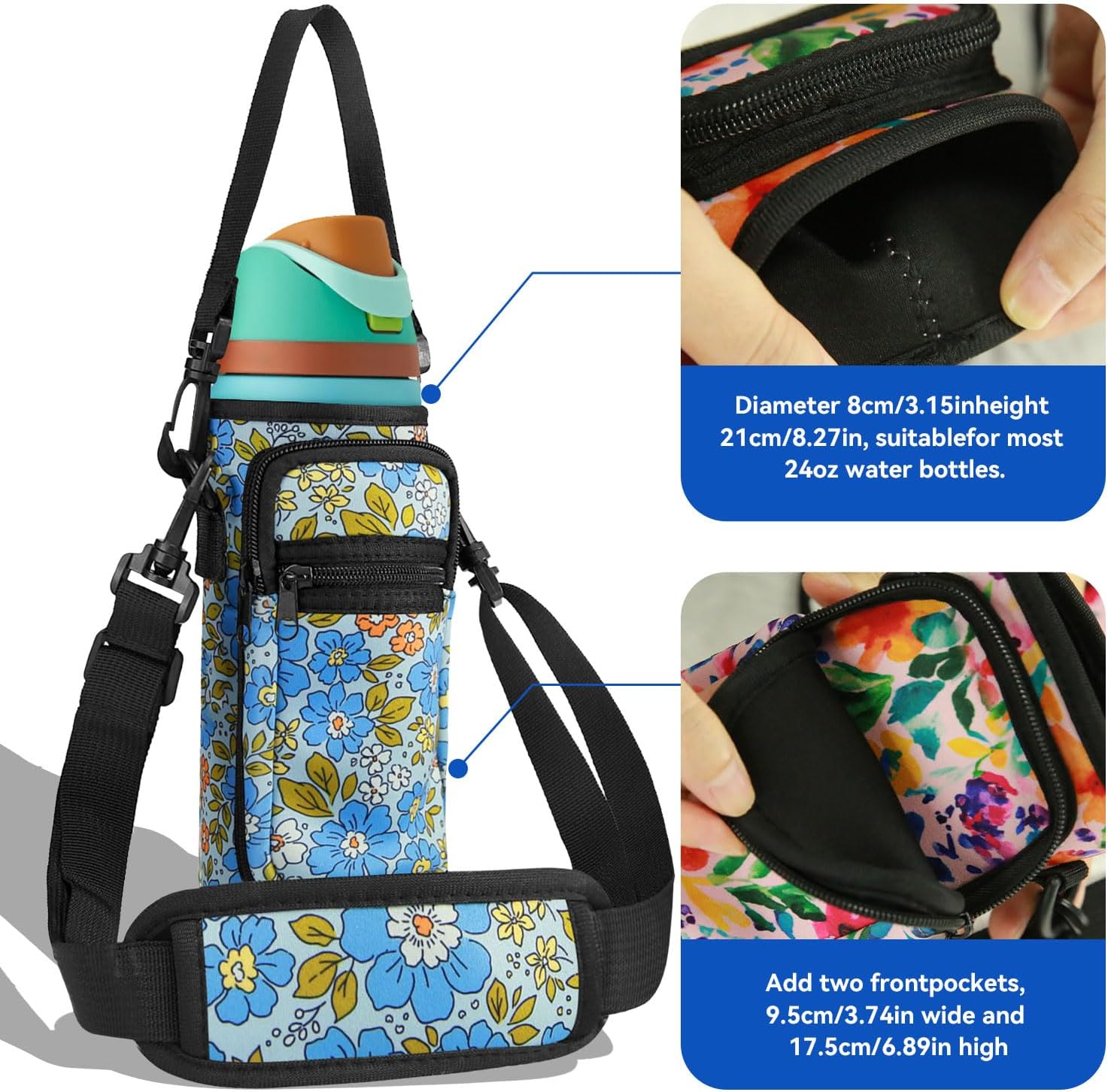 Neoprene Water Bottle Holder Bag with Cell Phone Pocket Compatible with Owala FreeSip 24 oz，Water Bottle Carrying Bag ，with Adjustable Shoulder Strap,for 24oz Stainless Steel Water Bottle - Image 2