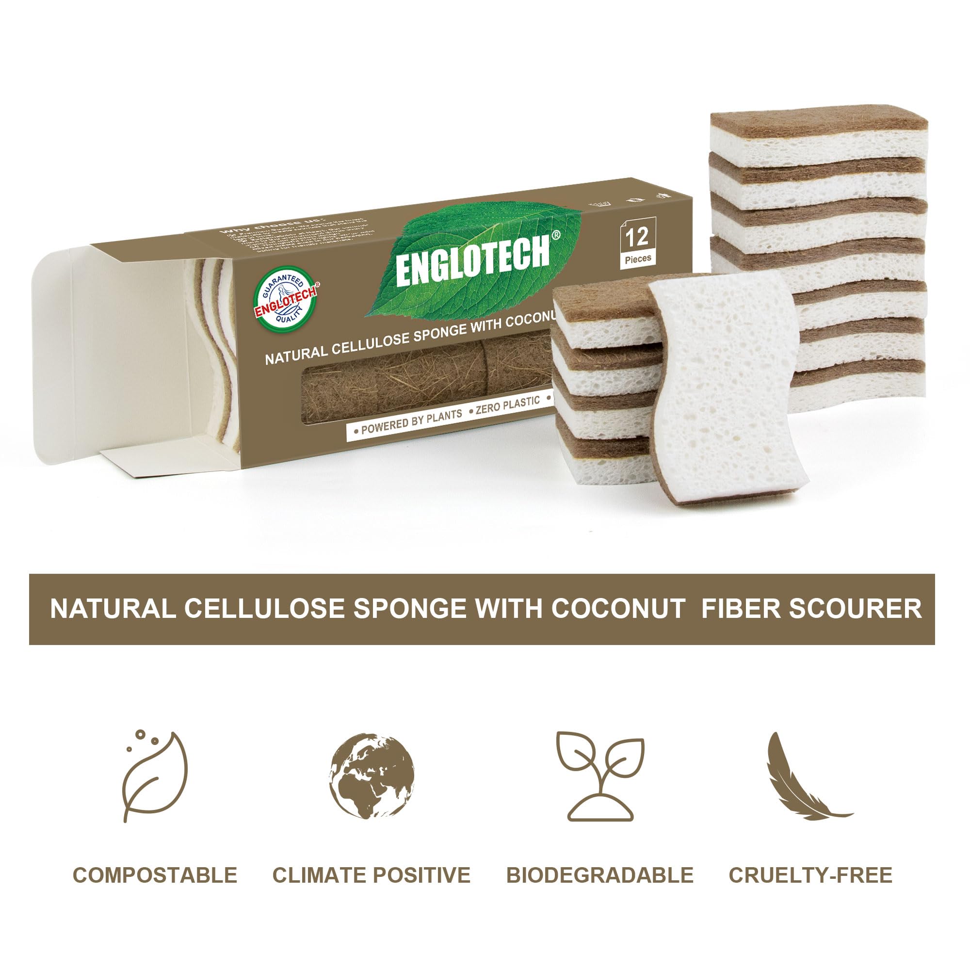 12 Pack Biodegradable Eco Sponges Washing Up,Natural Cellulose and Coconut Kitchen Sponges,Durable Natural Dishe Sponge with Non-scratch Scouring Pads for Dishes Pots and Pans - Image 2