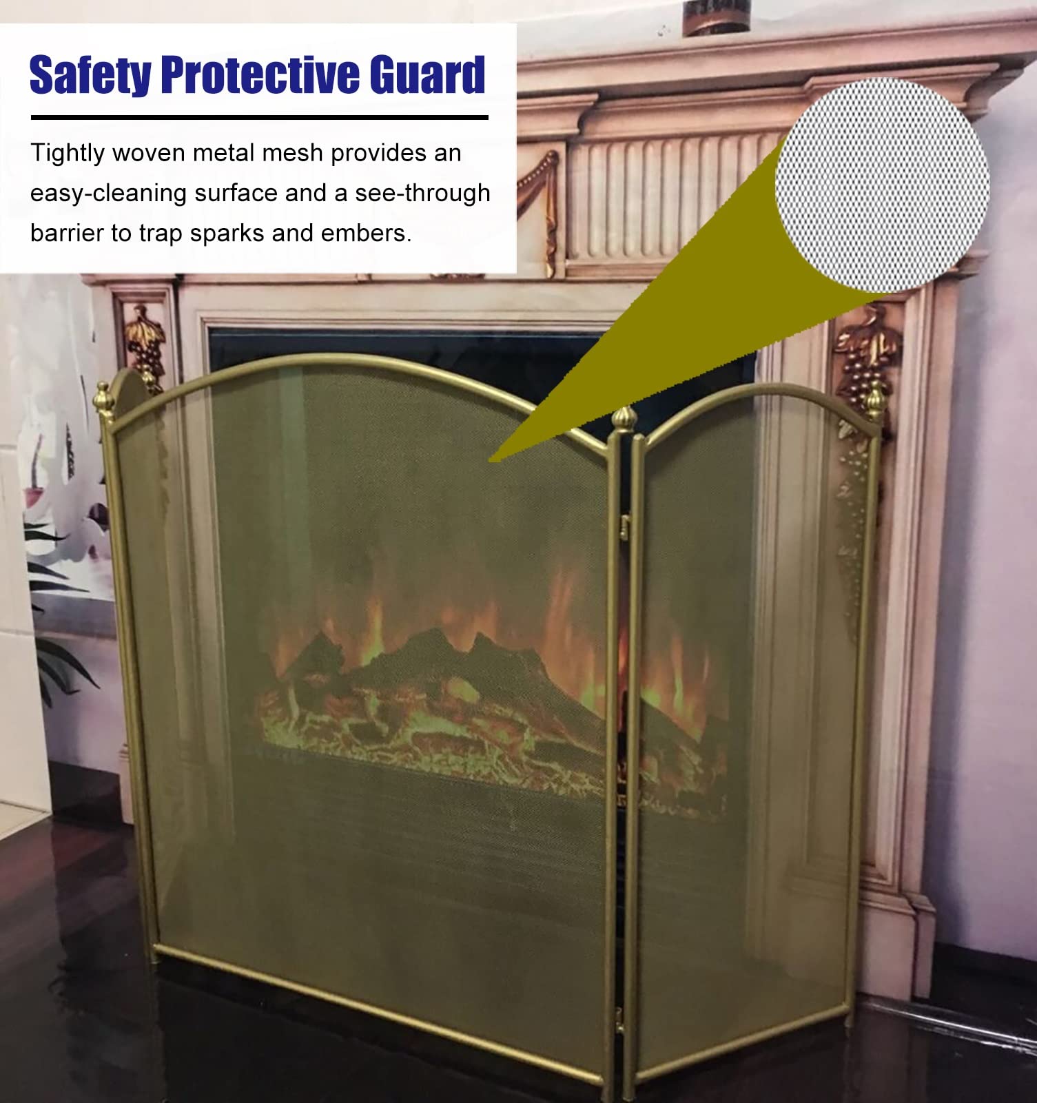Parascintille Pieghevole Fire Guard in Oro con Finitura Anticata, Accessorio per focolare a 3 Pannelli, parascintille per Animali Domestici, parascintille per Camino con Rete Protettiva