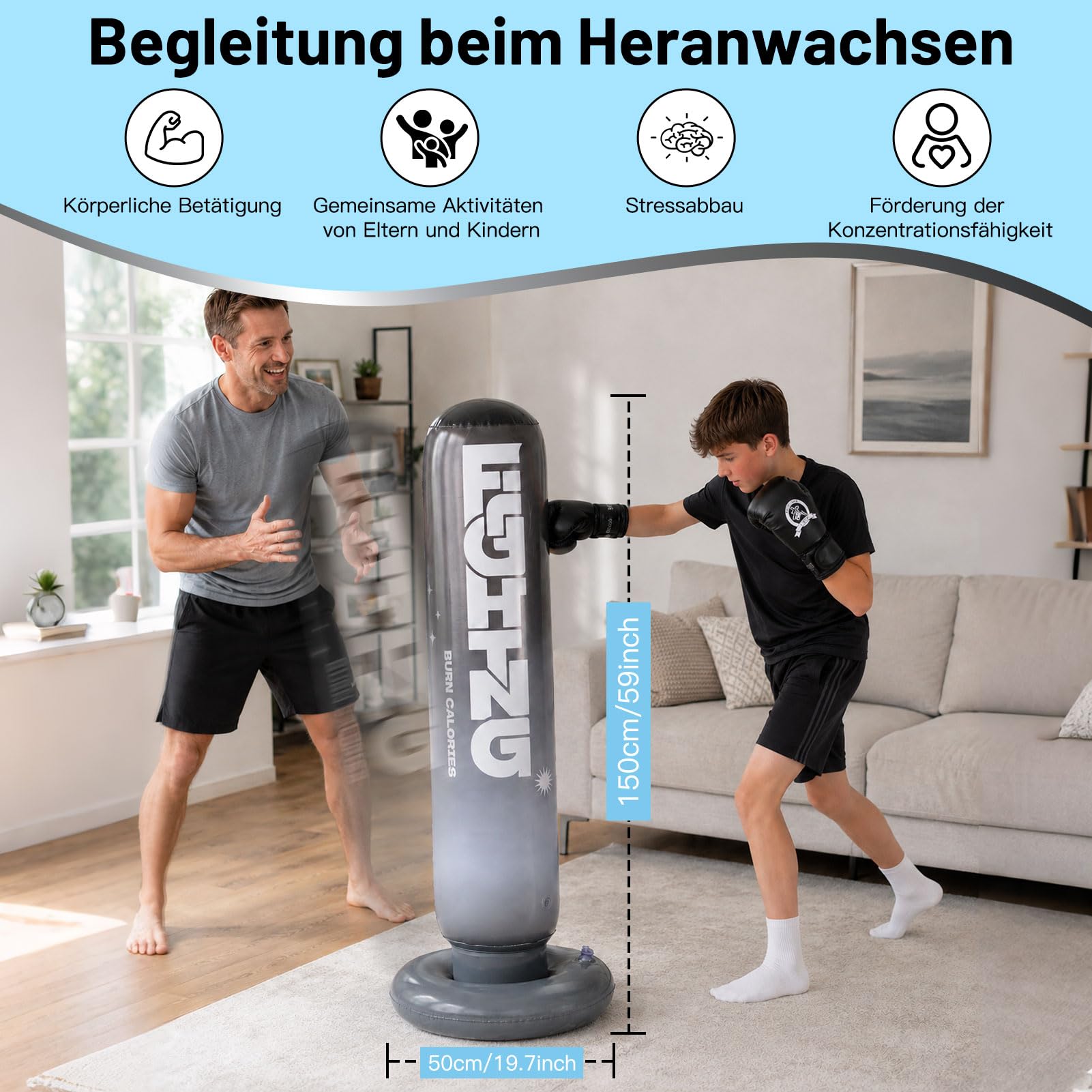 CYFIE Aufblasbarer Boxsack für Kinder 150 cm, mit Boxhandschuhen & Pumpe