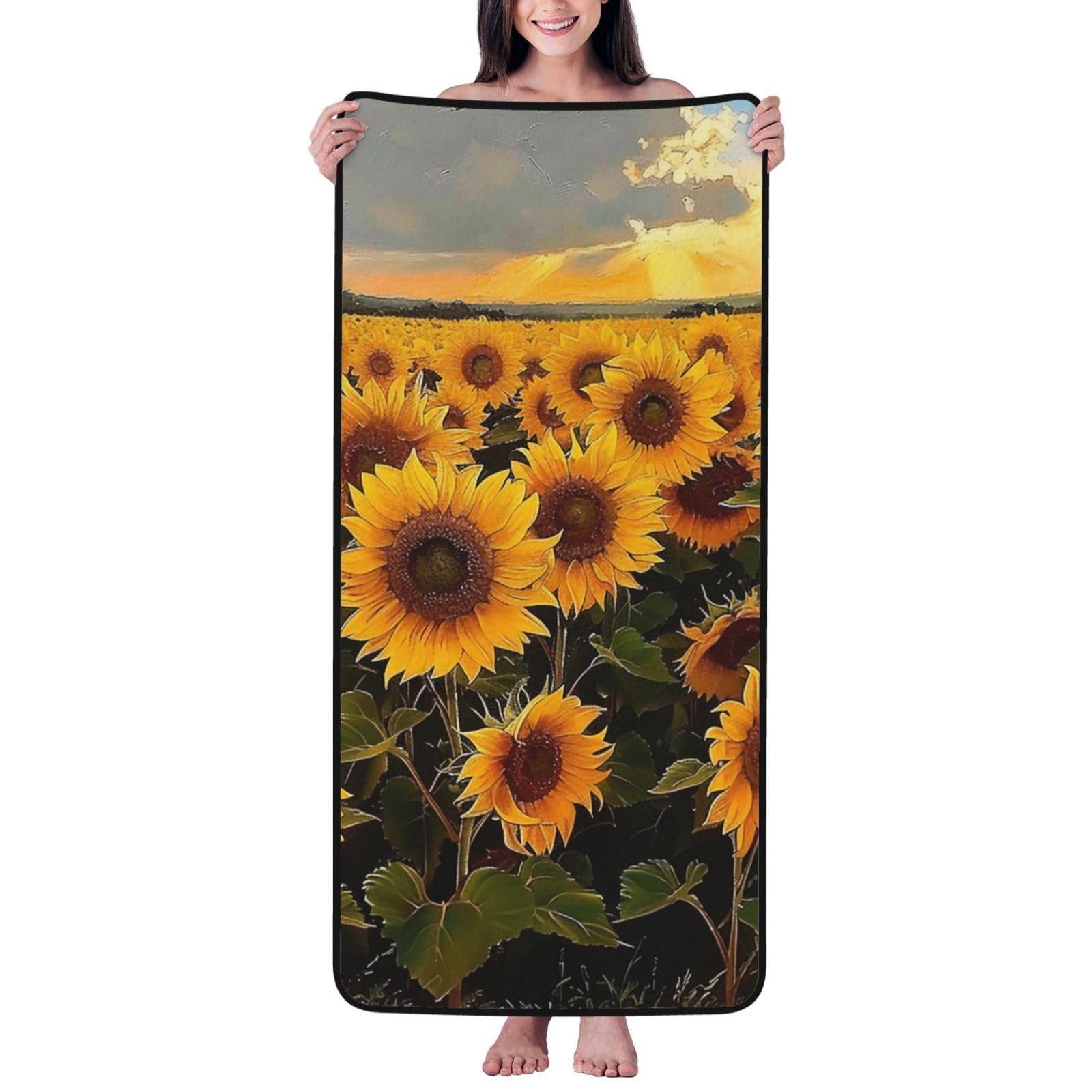 WPKJU Sunflowers Printed Bath Towel with Black Edging - 27x55 in Soft Extra Absorbent Coral Velvet Shower Towels for Bathroom
