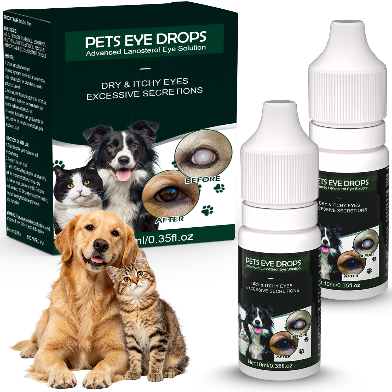 2PCSCataract Drops for Dogs - Pet Dog Eye Drops for Relieving Eye Itching and Clean Tear Stains - Removing Eye Stains - Improving Clarity - All Natural Pet Eye Health Care (Green)