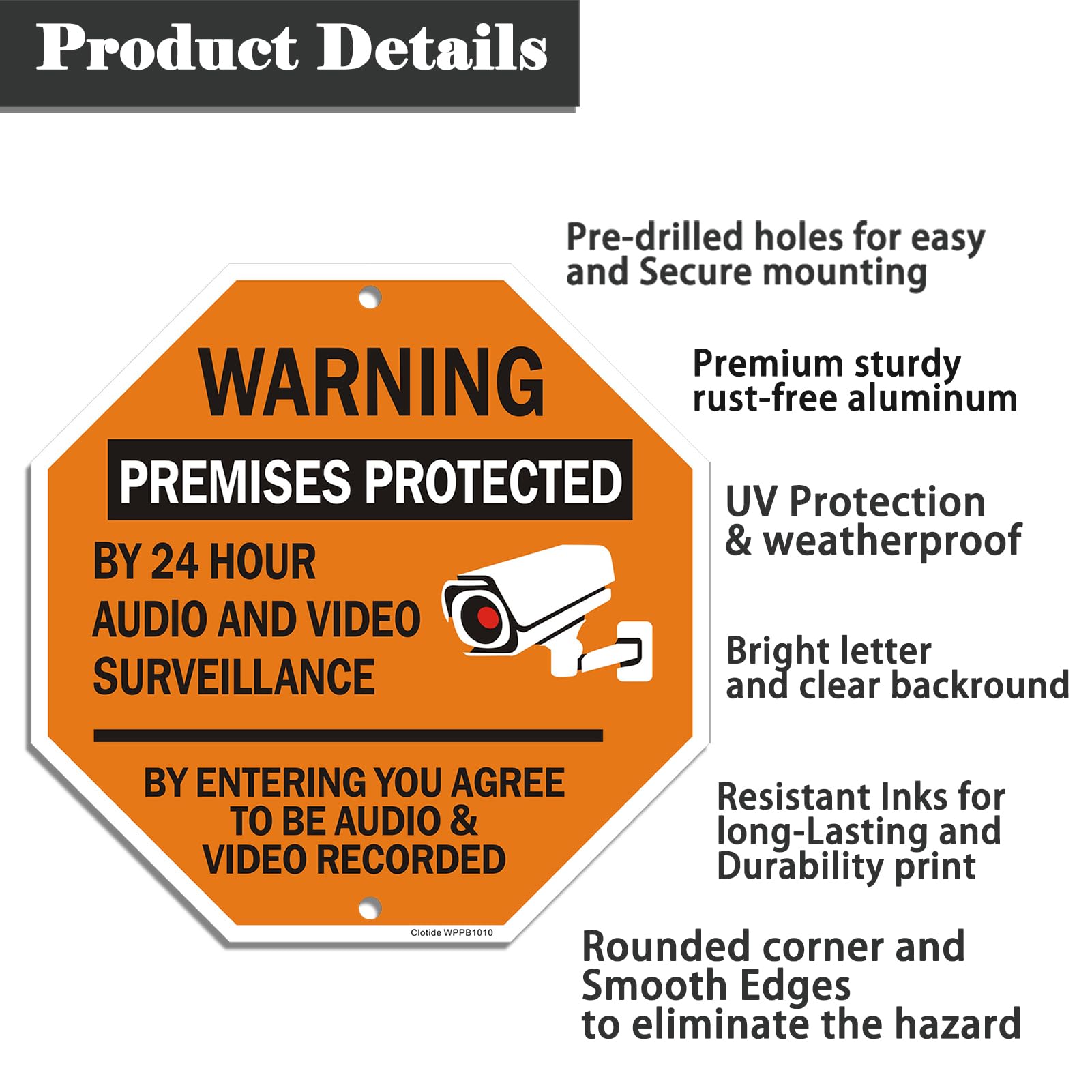 Letrero de advertencia protegido por 24 horas de audio y videovigilancia por entrar, acepta ser audio y video grabado, paquete de 2 letreros de aluminio de 12 x 12 pulgadas, resistente a los