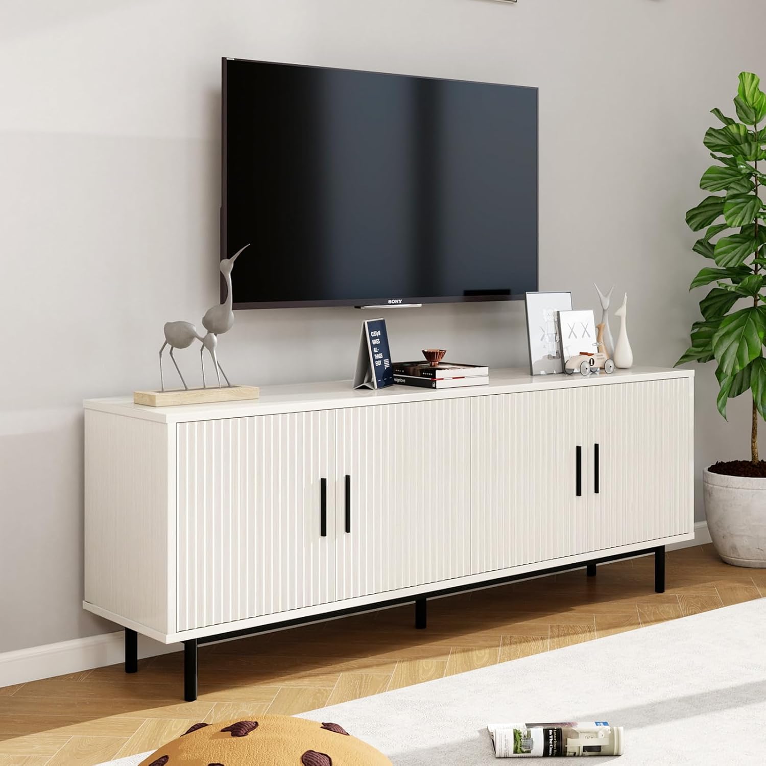 MUUEGM 70" Modern TV Stand for Televisions up to 80 Inch, Entertainment Center with Storage, Cabinet with Fluted Door and Adjustable Shelf, Console Table and Media Furniture for Living Room, White
