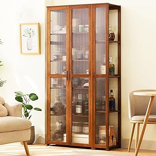 Gabinete de bar de vino de bambú con gran capacidad de almacenamiento para el hogar, cocina, sala de estar, bar u oficina, diseño rústico de granja en color marrón