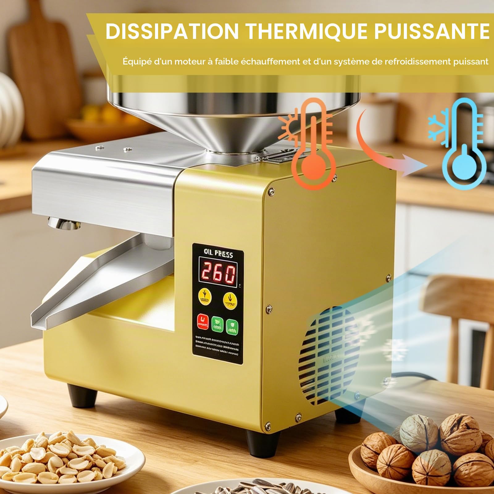 Presse à huile 1500 W, extracteur d'huile froide et chaude intelligent avec trémie de grande capacité de 235 mm, machine à huile compacte en acier inoxydable, économise de l'espace, sortie de 5 à 9 kg
