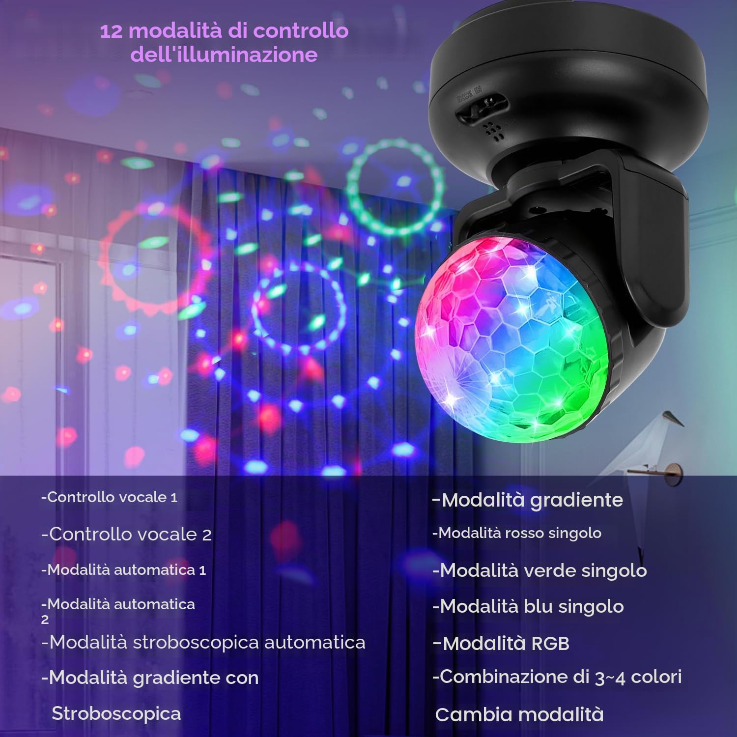 Luce Discoteca, Gomifie Luci Discoteca a Ritmo di Musica Rotazione Automatica e Regolabile Manuale, 12 Colori RGBW Palla da Discoteca con 12 Modalità di Illuminazione per DJ, Natale, Bar e Festa