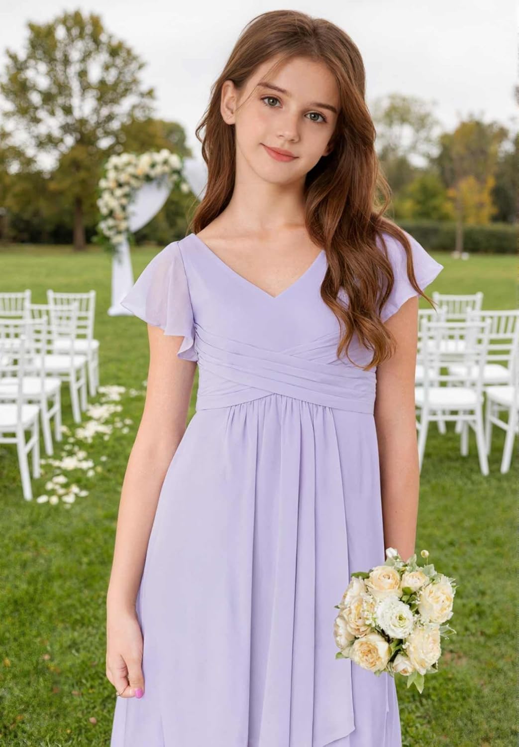 Chiffon Junior Bridesmaid Dresses for Girls Ruffle Sleeves Party Formal Gowns Wedding Guest V Neck Flower Girl Dress