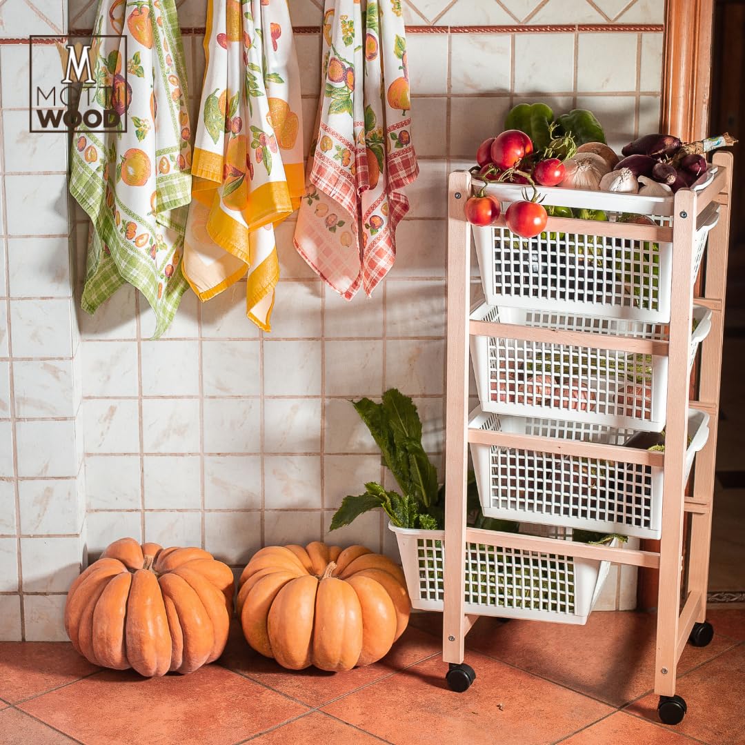 Carrito de cocina con 4 cestas, de madera de haya natural, 36,2 x 30 x 82,3 cm, montado, fabricado en Italia (natural)