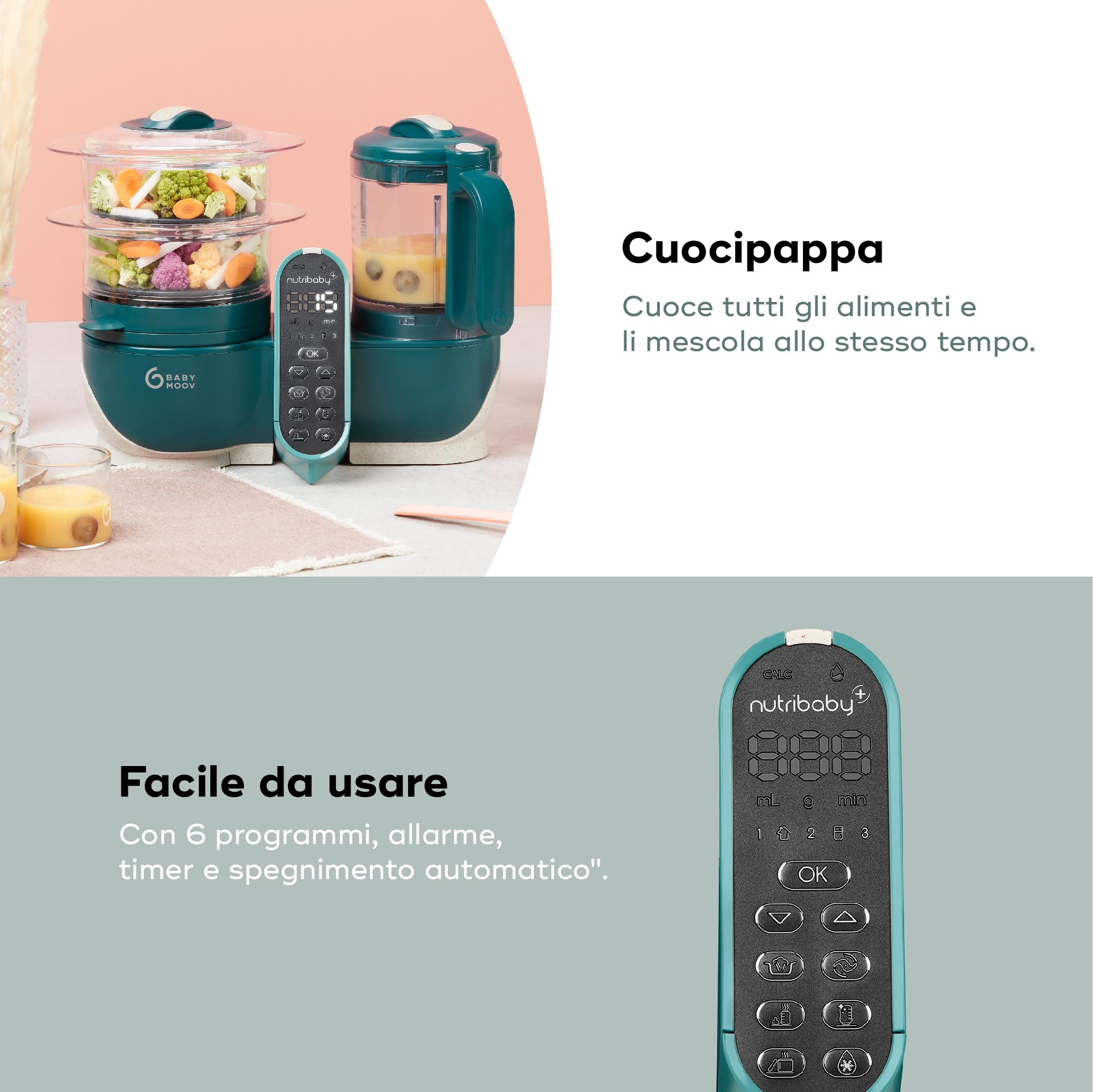 Babymoov Nutribaby+,Cuocipappa Multifunzione 6 in1 Opal Green + Babybols Set Da Sei Vasetti 250 Ml, Cuocivapore, Frullatore, Grande Capacità per i Bambini, Fino a 10 Pasti Preparati Contemporaneamente