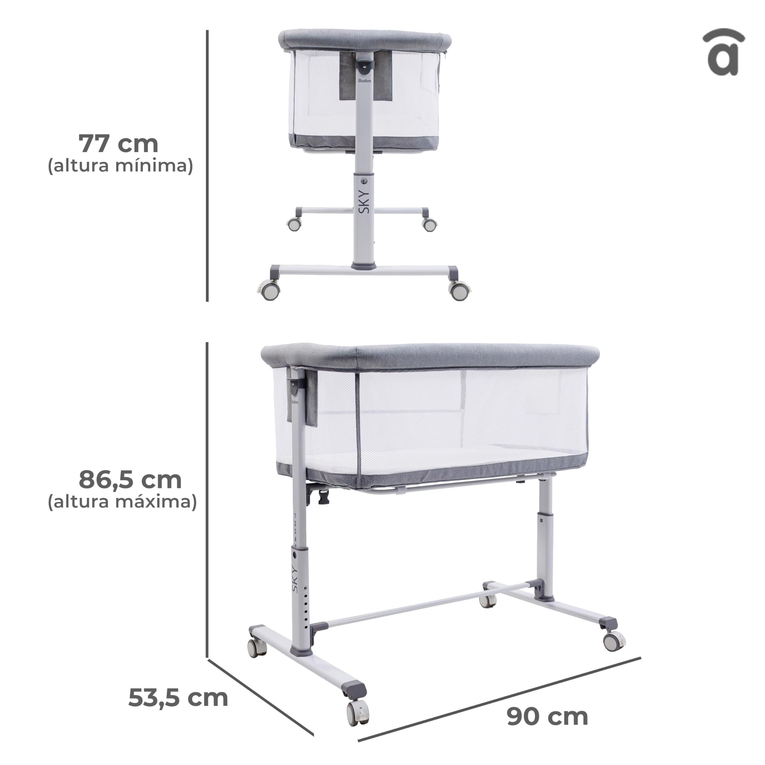 Minicuna de colecho lateral abatible | 6 alturas regulables, colchón incluido, malla transpirable 360º | Certificada EN 1130 y EN 16890 | Sky Gris Asalvo