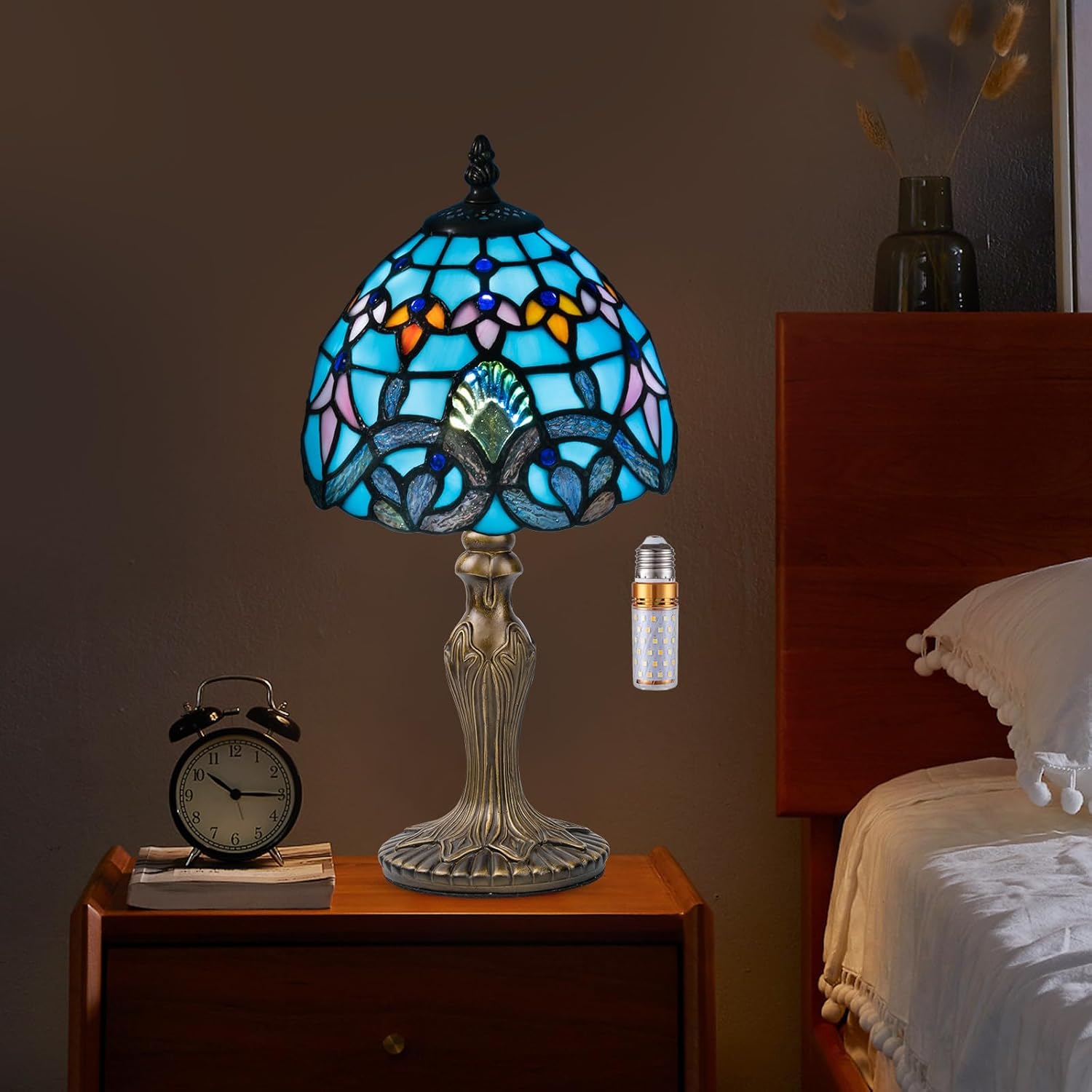 Small Tiffany Table Lamp, 3 Color-Temperature Baroque Stained Glass Lamp,8 Inch Tiffany Style Lamp for Bedroom Living Room Home, Handcrafted Light, Included Bulb (Blue)