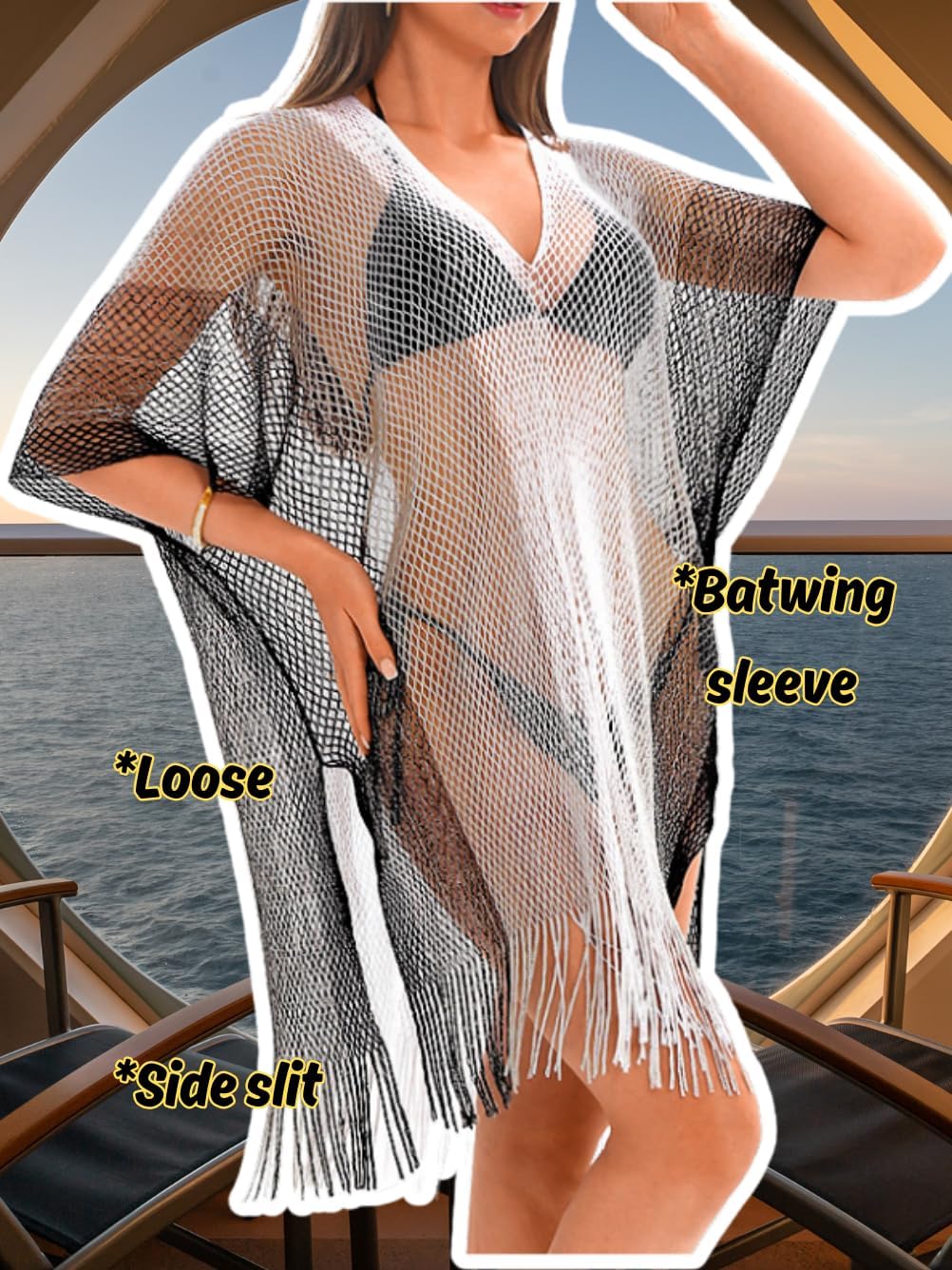 Kaei&Shi Sexy Sheer Gradient Swimsuit Coverup,Crochet Color Block Beach Dress,Fringe Bathing Suit Vacation Outfits for Women - Image 5