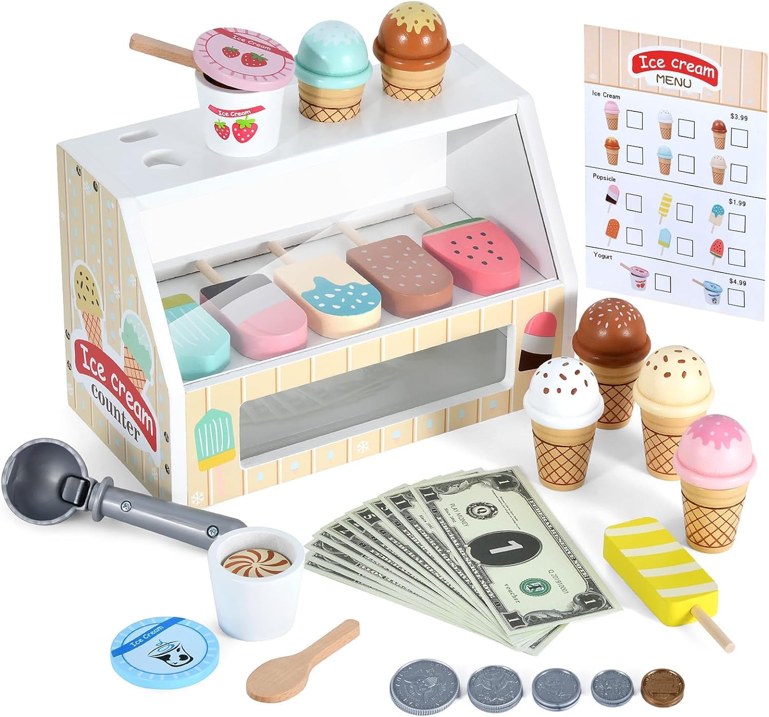 Erweicet Ice Cream Counter Playset, Wooden, Scoop & Money Included, Pretend Toy Food Set