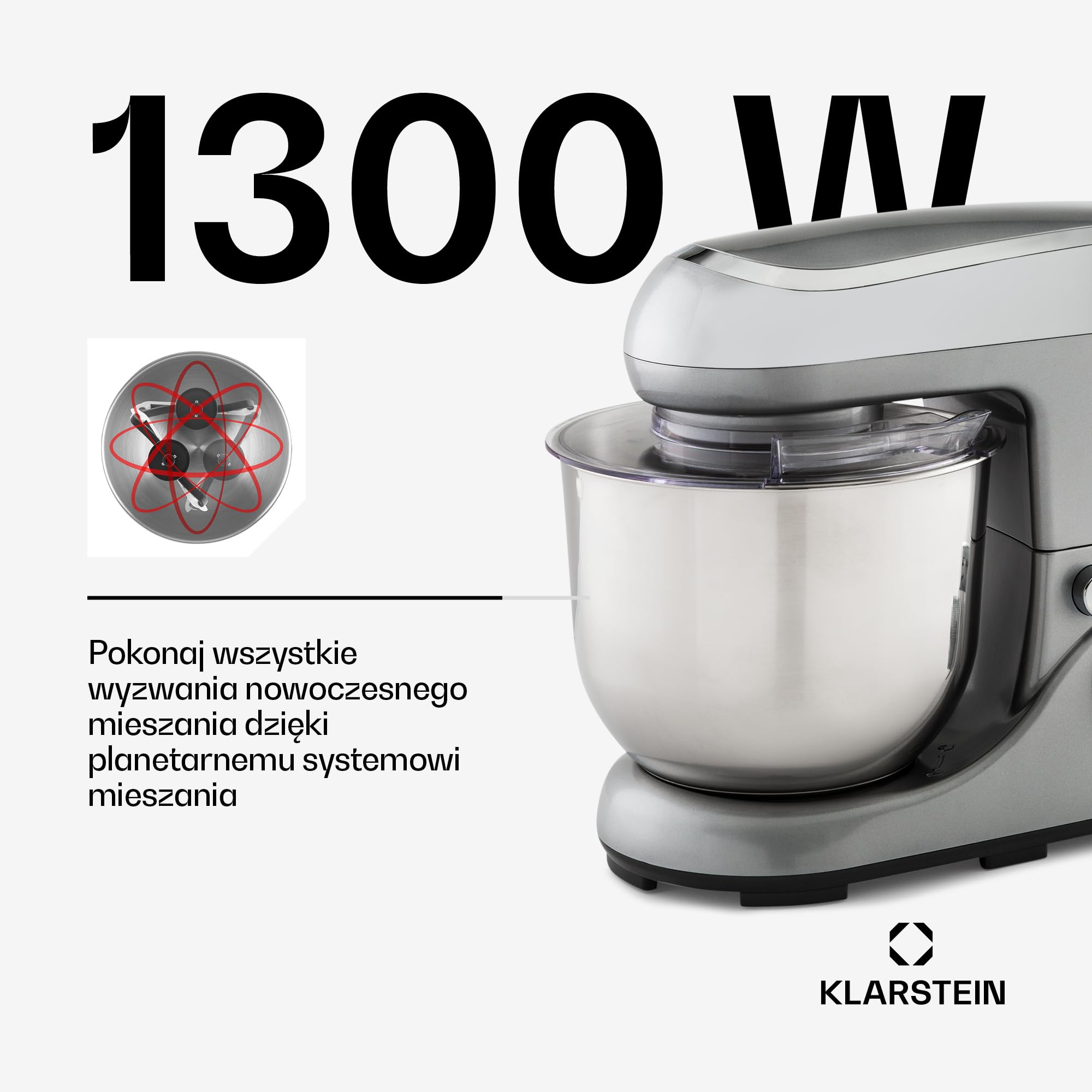 Klarstein Robot kuchenny do pieczenia, 1300W maszyna do ciasta Mała, 6 biegów, Trzepaczka, hak do mieszania i ugniatania, Misa 5L, Mieszanie planetarne, Mikser z blenderem, Robot do ciasta na chleb